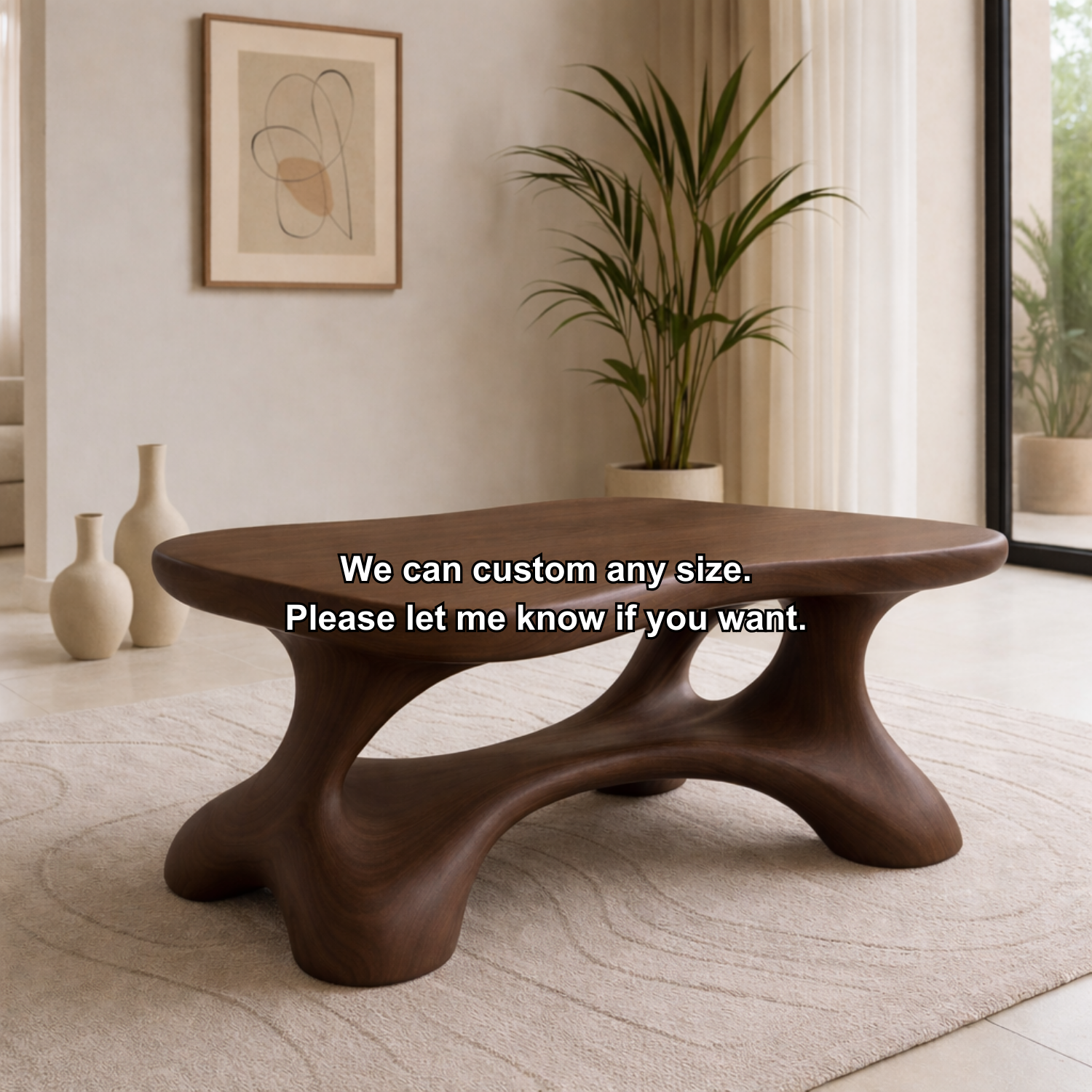 Solid Wood Sculptural Coffee Table with Organic Curved Base