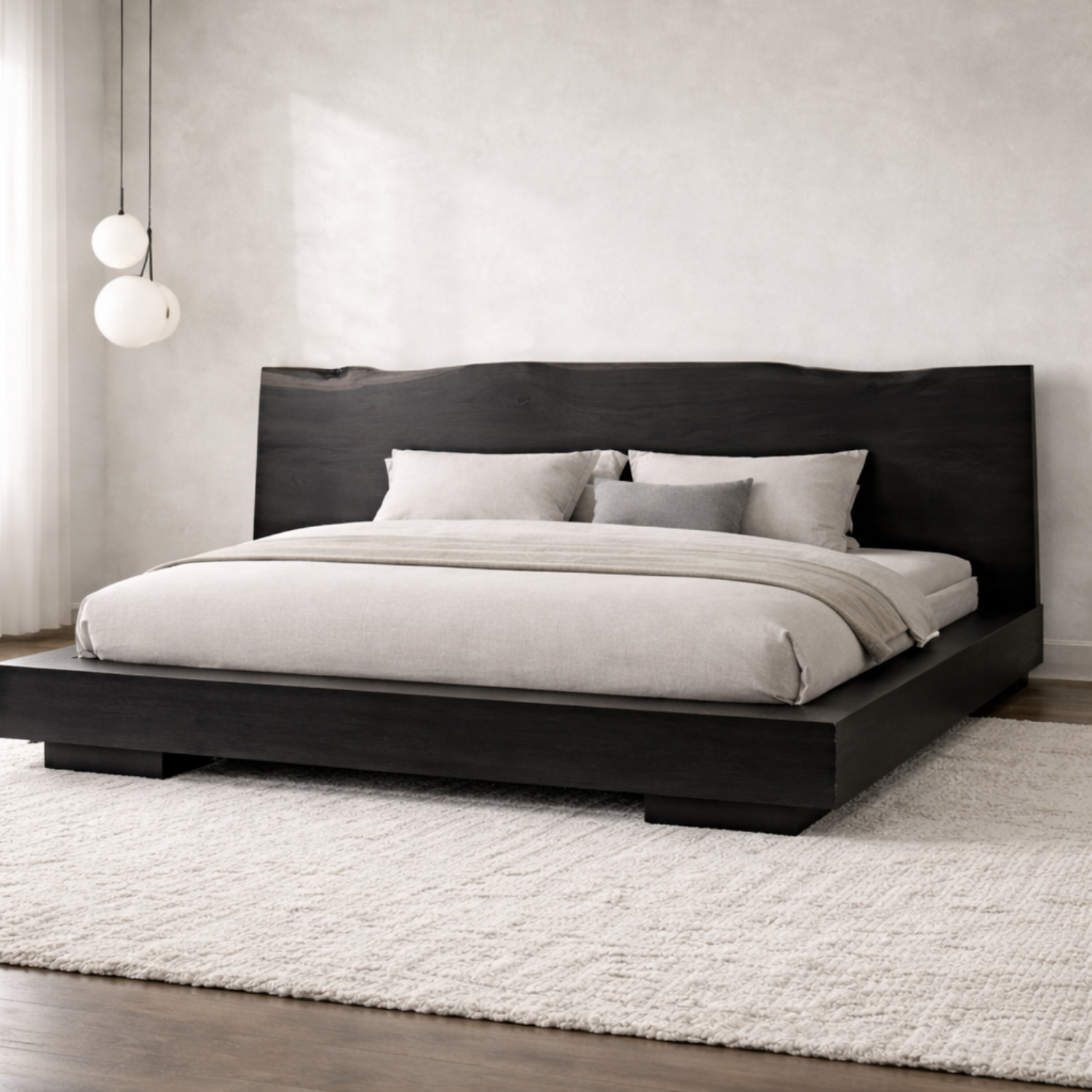 Modern Solid Wood Platform Bed Frame with Curved Headboard and Low Profile Base
