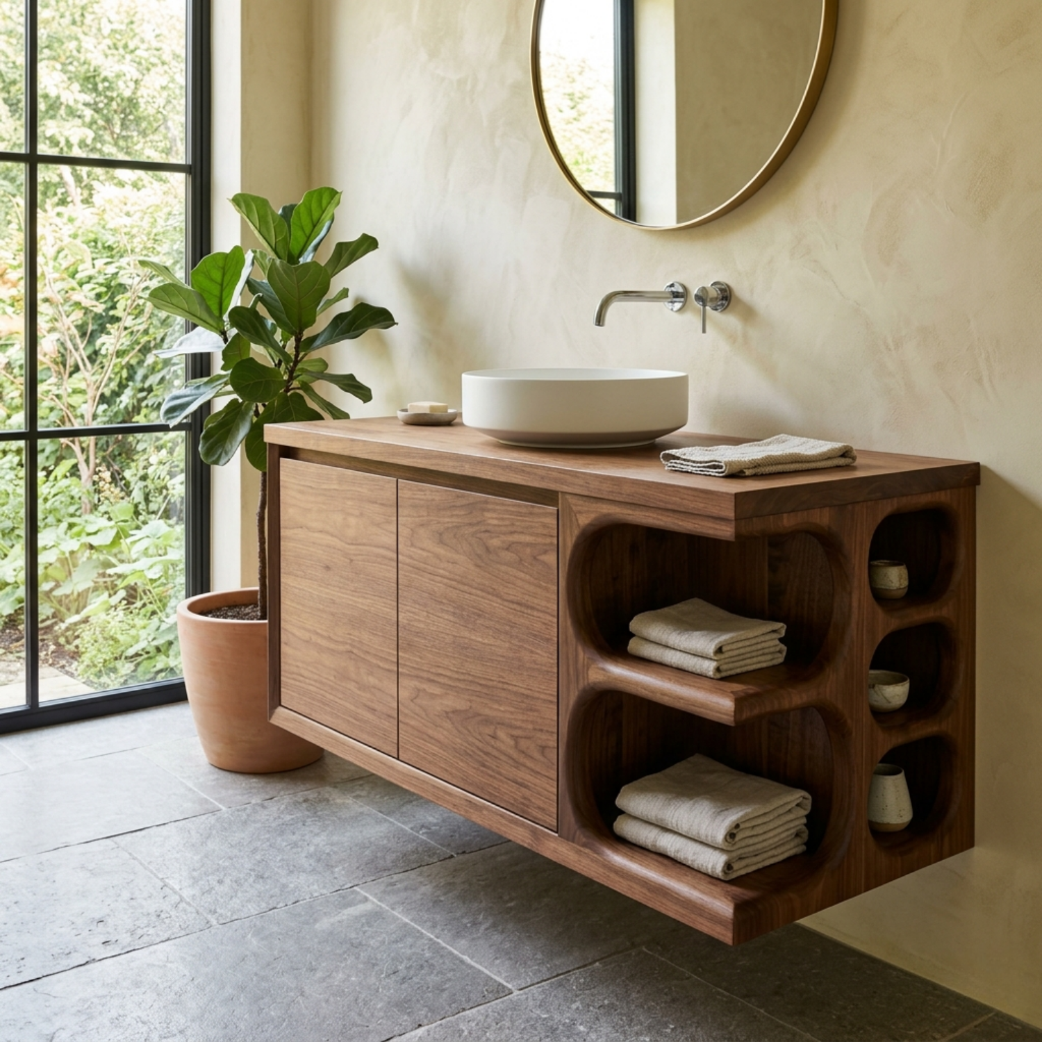 Floating Solid Wood Bathroom Vanity with Cabinet Doors and Sculpted Side Storage