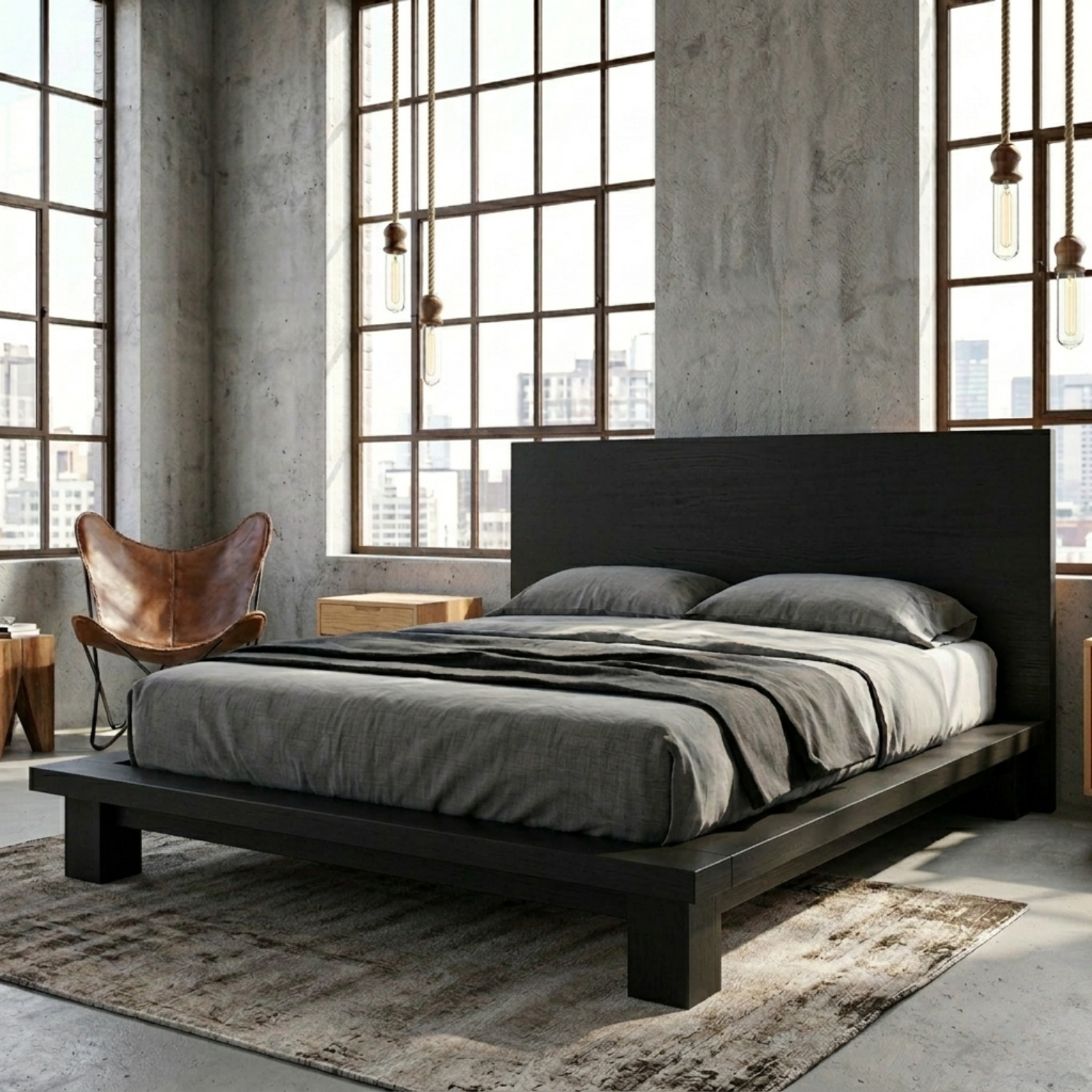 Modern Solid Wood Platform Bed Frame with Wide Panel Headboard and Block Legs
