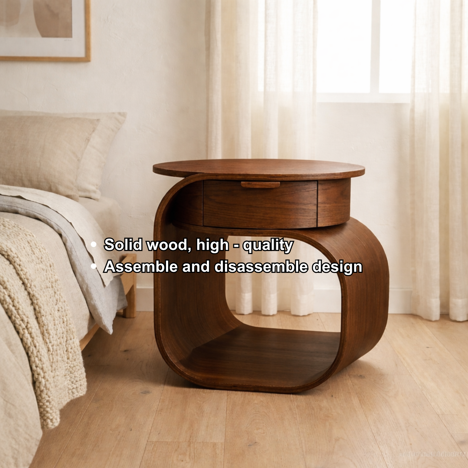 Solid Wood Nightstand with Built-in Cat Bed – Modern Curved Pet Friendly Bedside Table