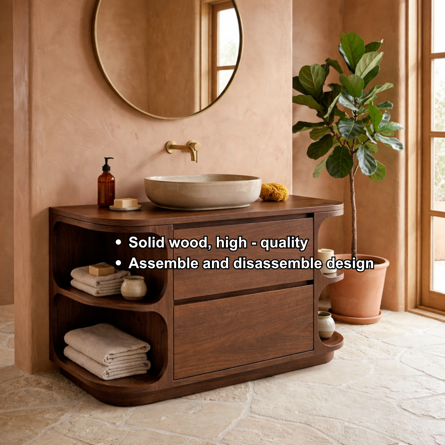 Solid Wood Bathroom Vanity with Curved Side Shelves and Two Drawers