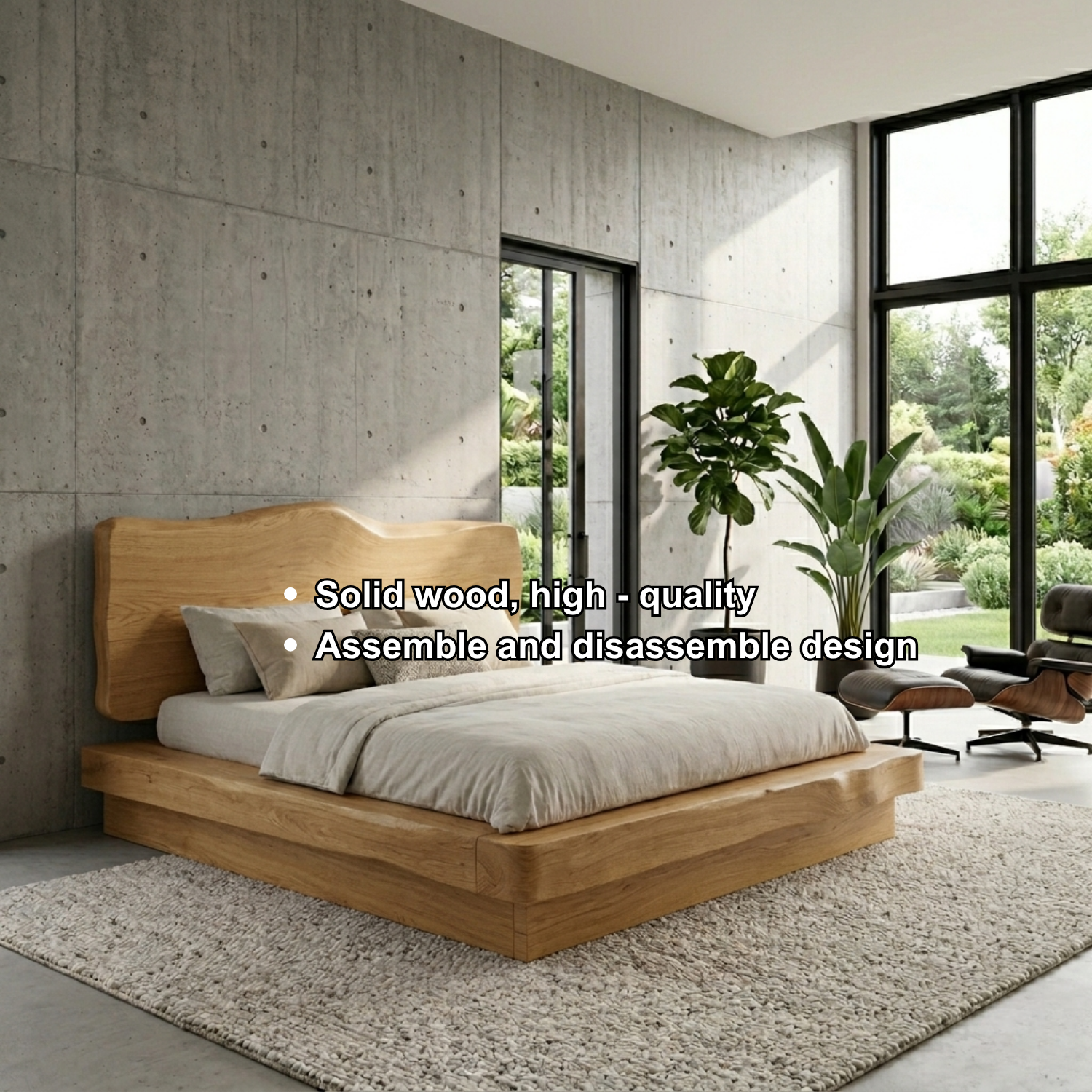 Live Edge Solid Wood Platform Bed Frame with Sculpted Natural Headboard
