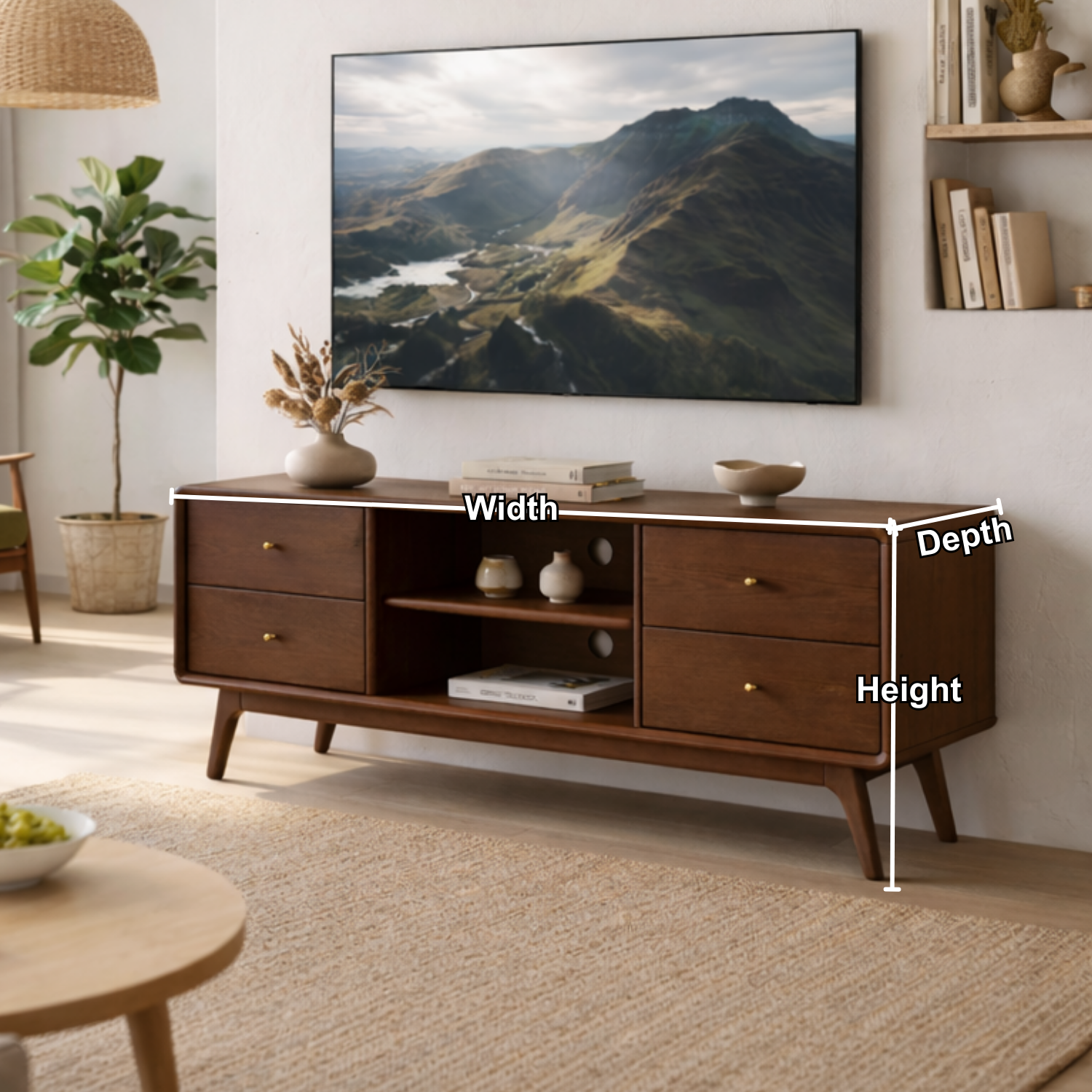 Solid Wood TV Stand with Drawers and Open Shelf – Mid-Century Modern Media Console