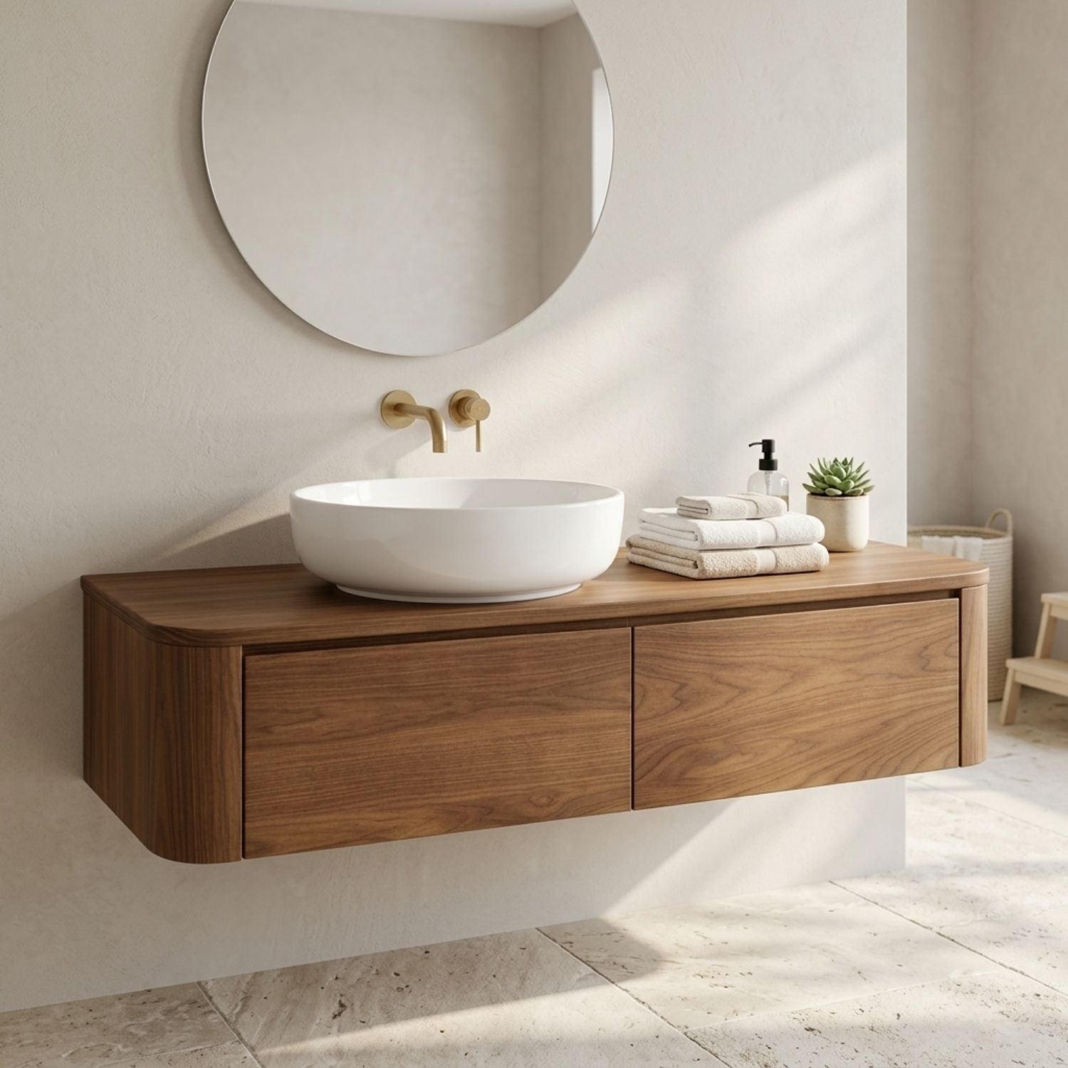 Floating Bathroom Vanity with Rounded Corners and Two Drawer Storage Cabinet