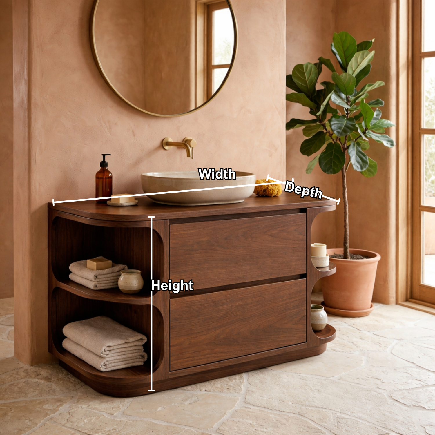 Solid Wood Bathroom Vanity with Curved Side Shelves and Two Drawers