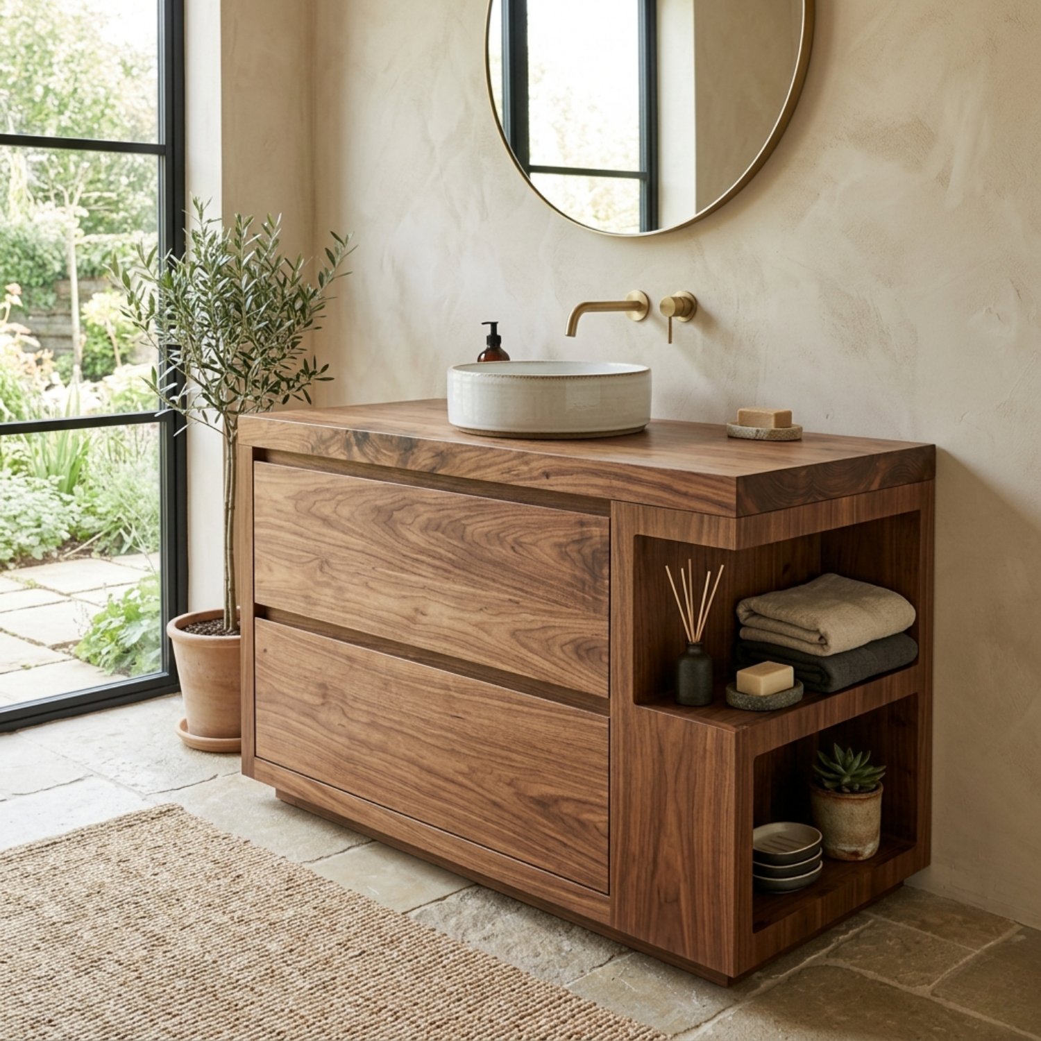 Solid Wood Bathroom Vanity with Two Drawers and Side Open Shelves