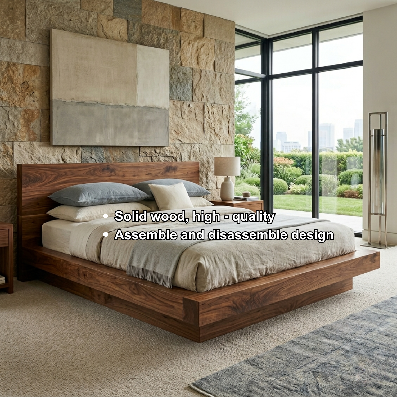 Solid Wood Platform Bed Frame with Thick Frame Base and Wide Panel Headboard