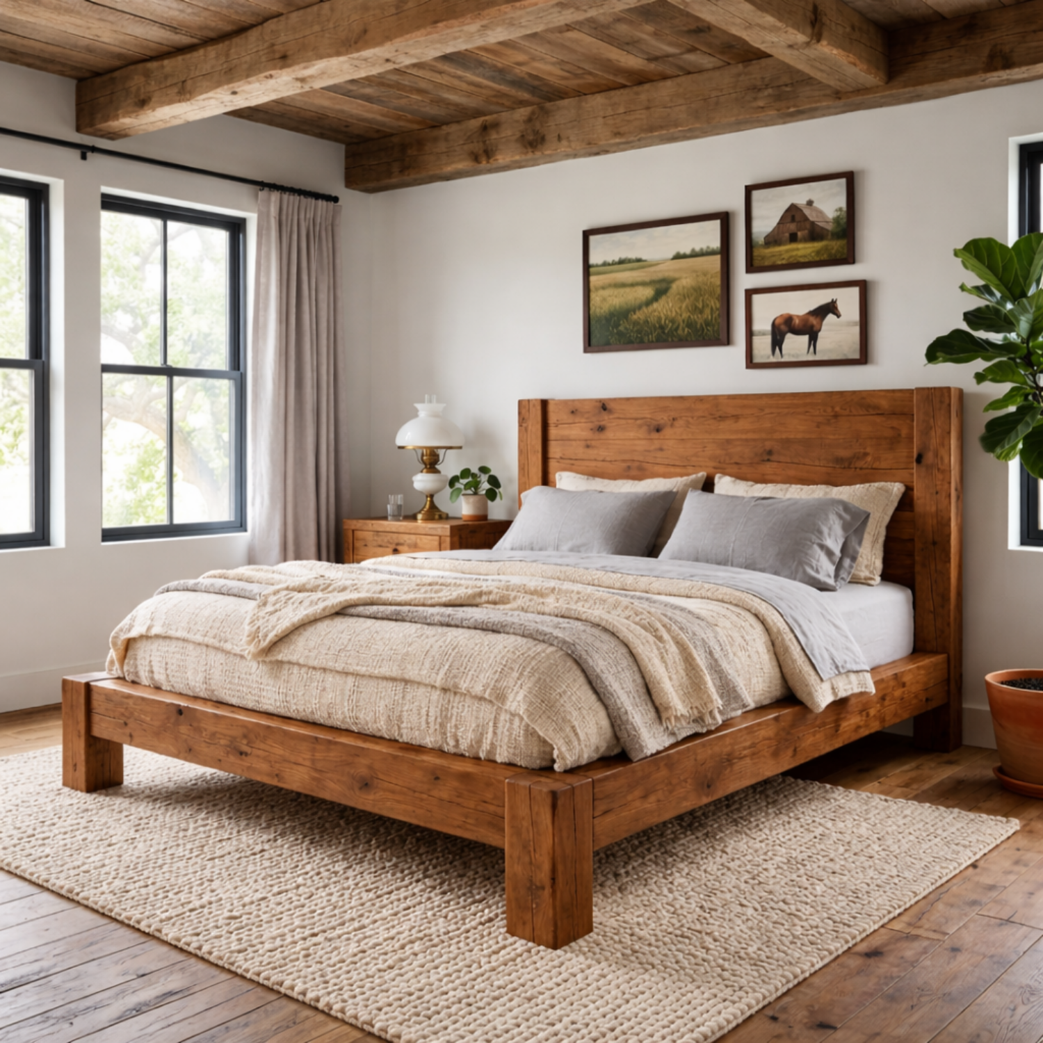 Rustic Solid Wood Bed Frame with Thick Block Legs and Panel Headboard