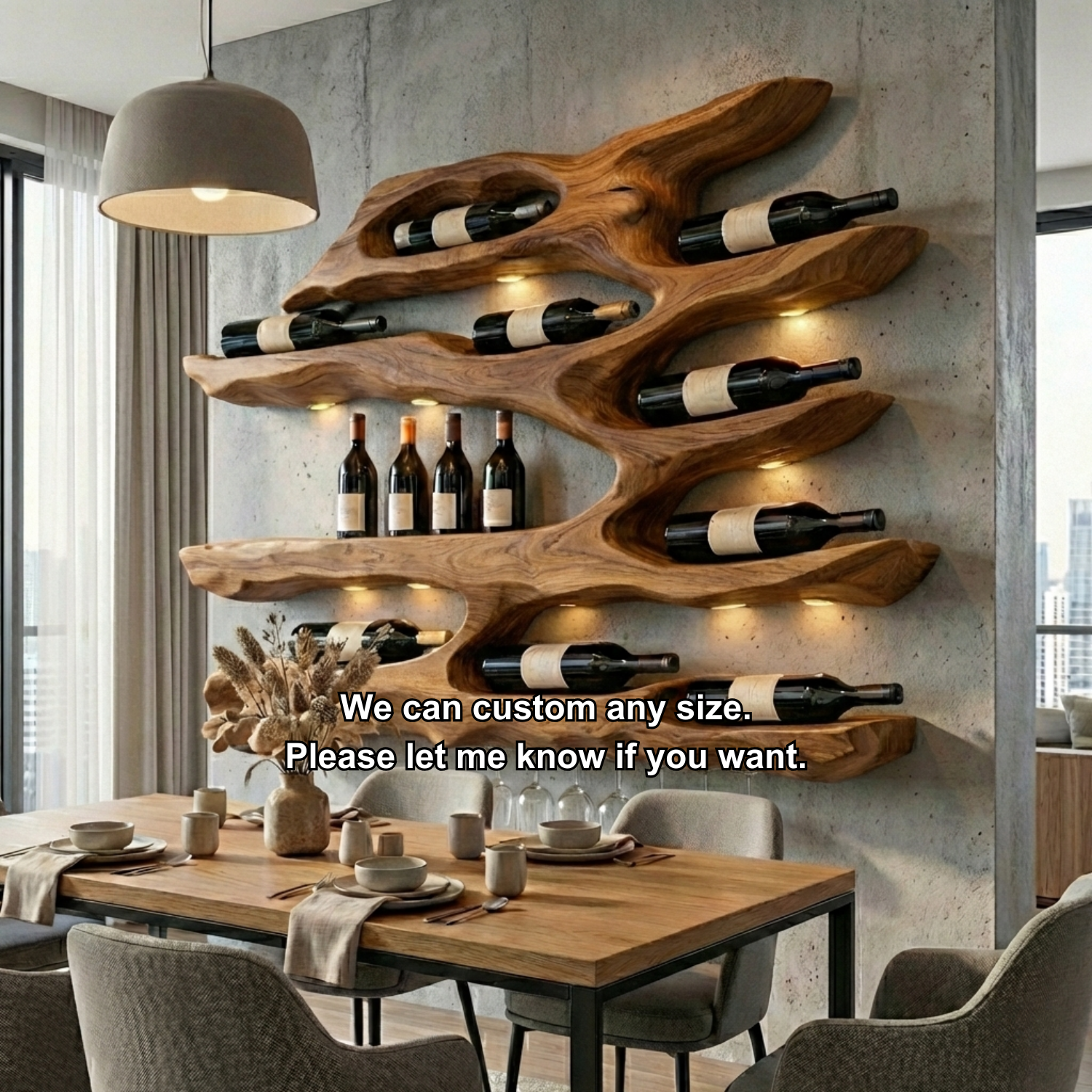 Handcrafted Solid Wood Wall Wine Holder – Live Edge Sculptural Wine Rack with Glass Holder