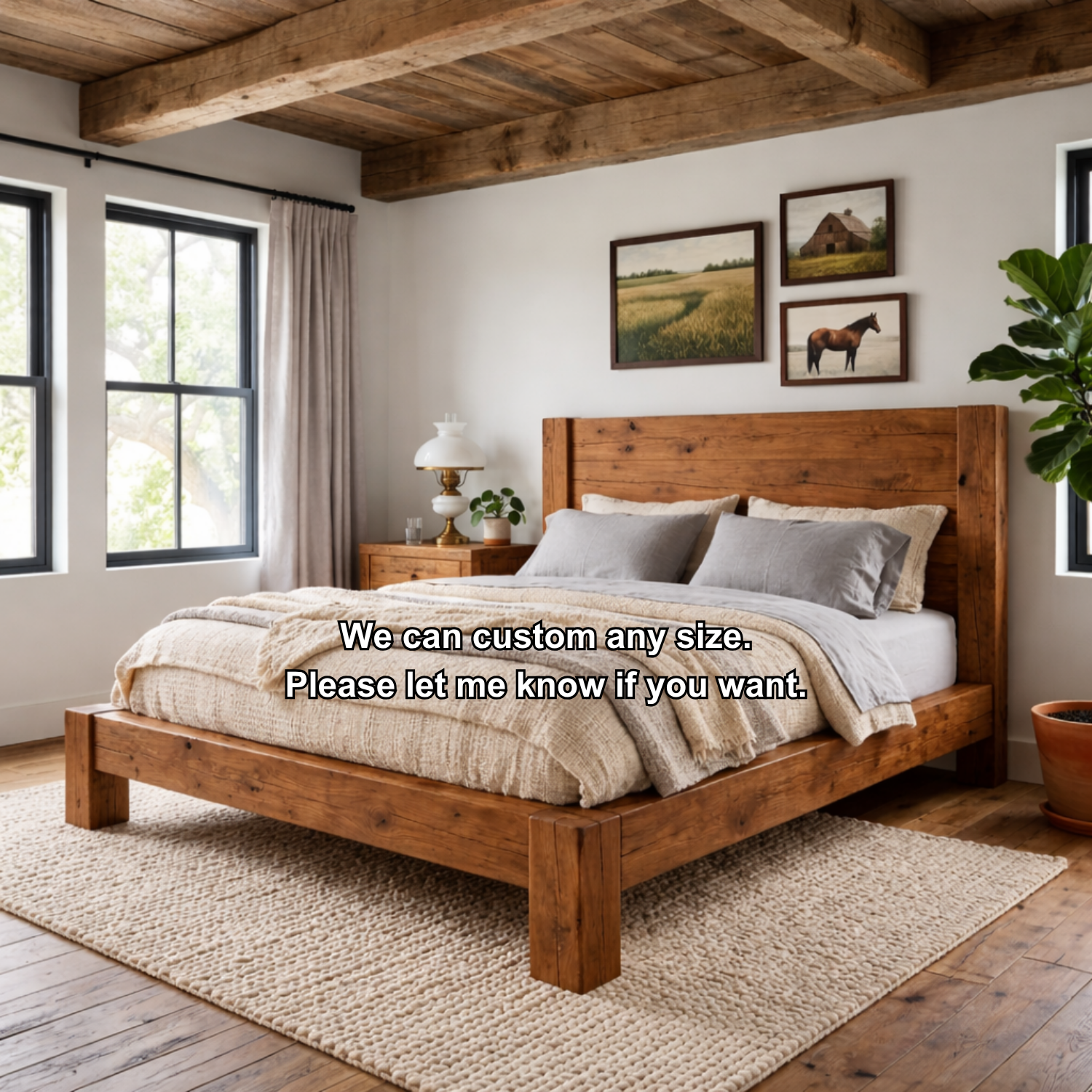 Rustic Solid Wood Bed Frame with Thick Block Legs and Panel Headboard