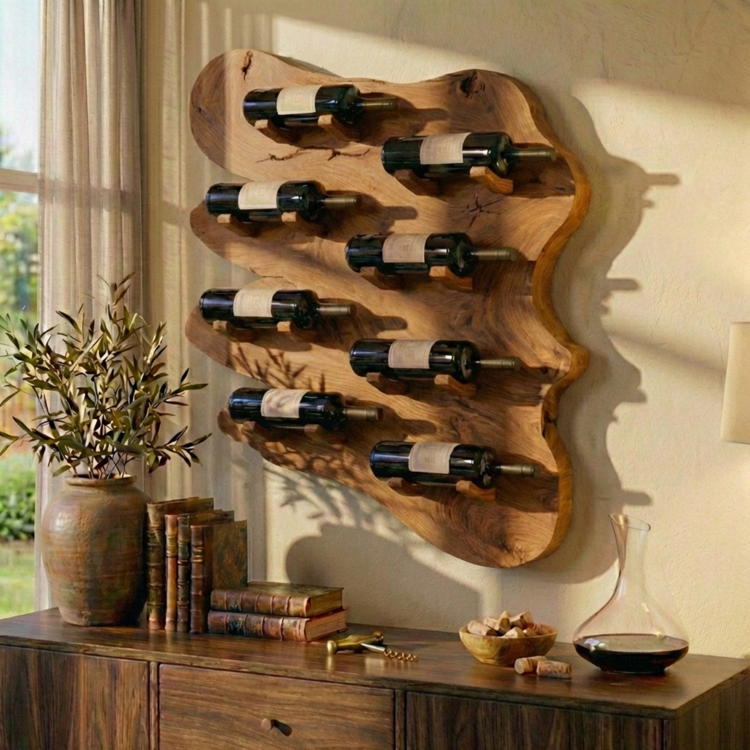 Live Edge Solid Wood Wine Holder – Handcrafted Wall Mounted Wine Rack
