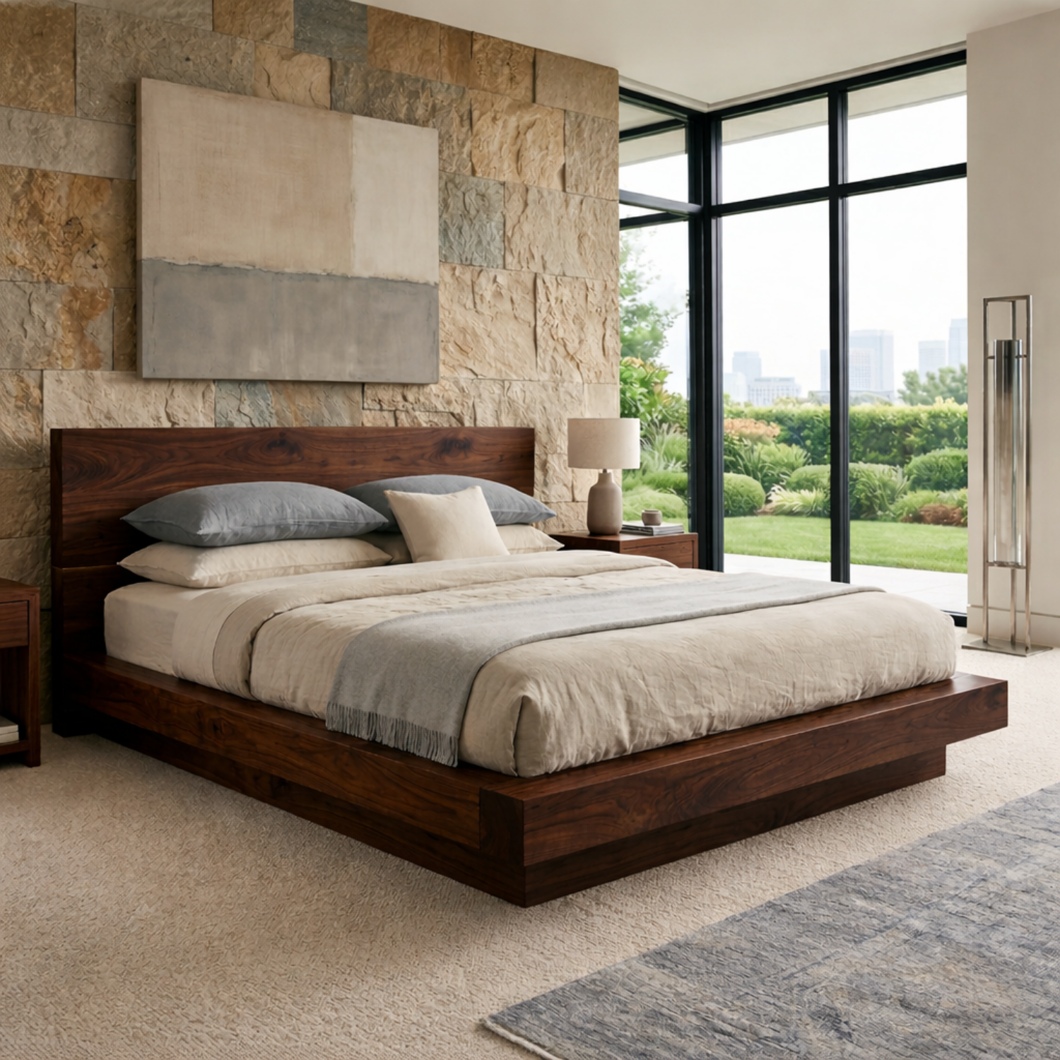 Solid Wood Platform Bed Frame with Thick Frame Base and Wide Panel Headboard
