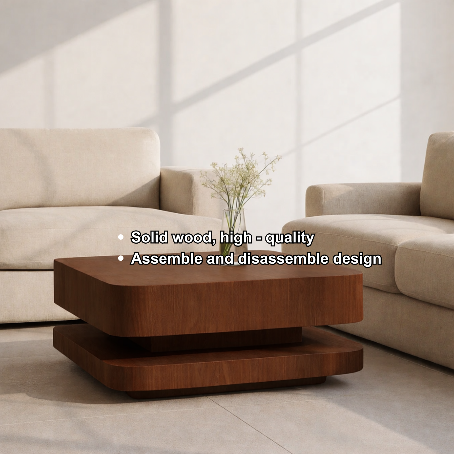 Solid Wood Coffee Table with Rounded Corners – Modern Minimalist Walnut Living Room Table