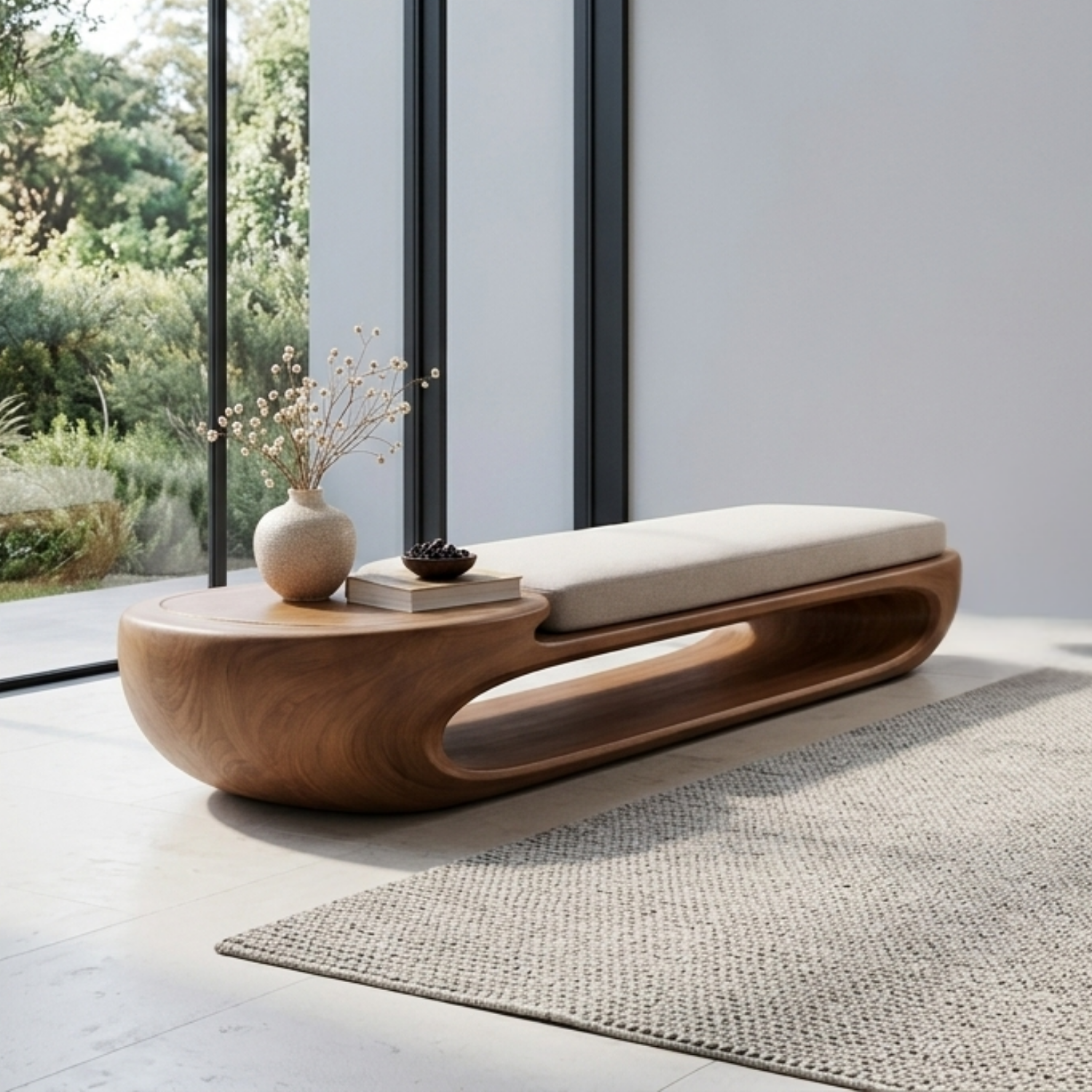 Organic Curved Solid Wood Entryway Bench with Sculptural Open Base Design