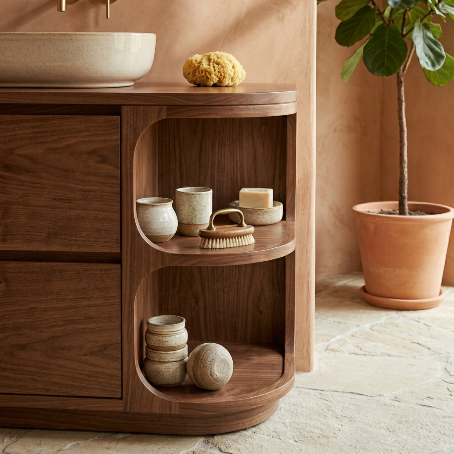 Solid Wood Bathroom Vanity with Curved Side Shelves and Two Drawers