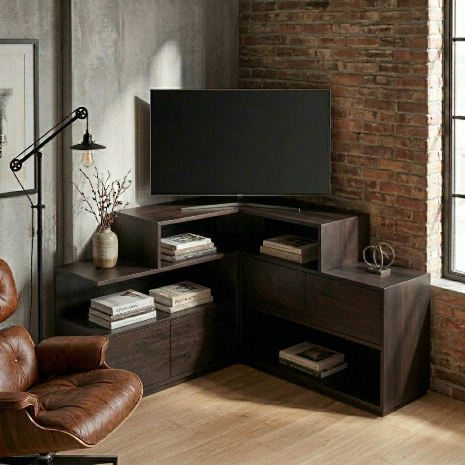 Solid Wood Corner TV Stand with Tiered Shelves and Storage Cabinets