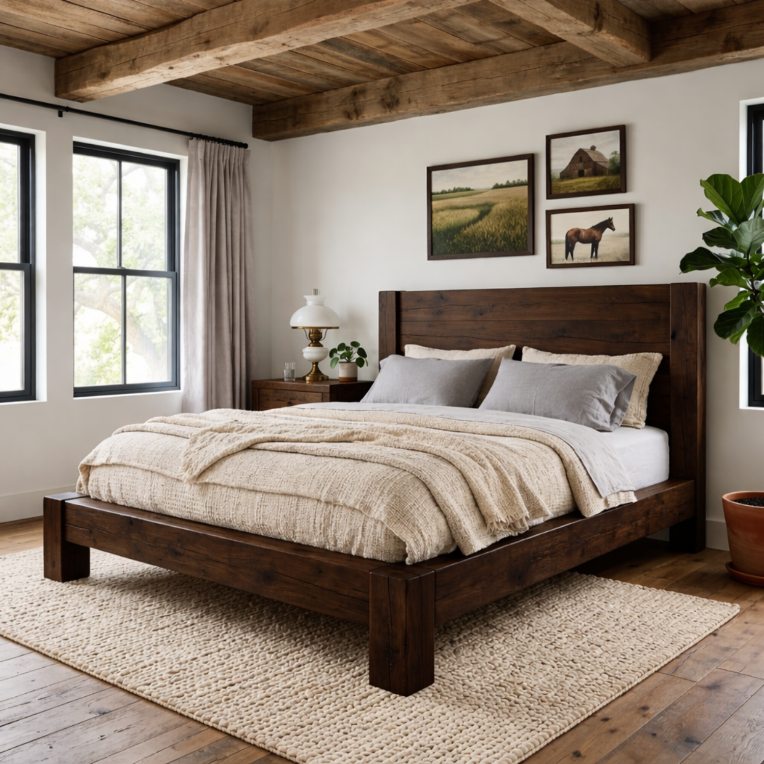 Rustic Solid Wood Bed Frame with Thick Block Legs and Panel Headboard
