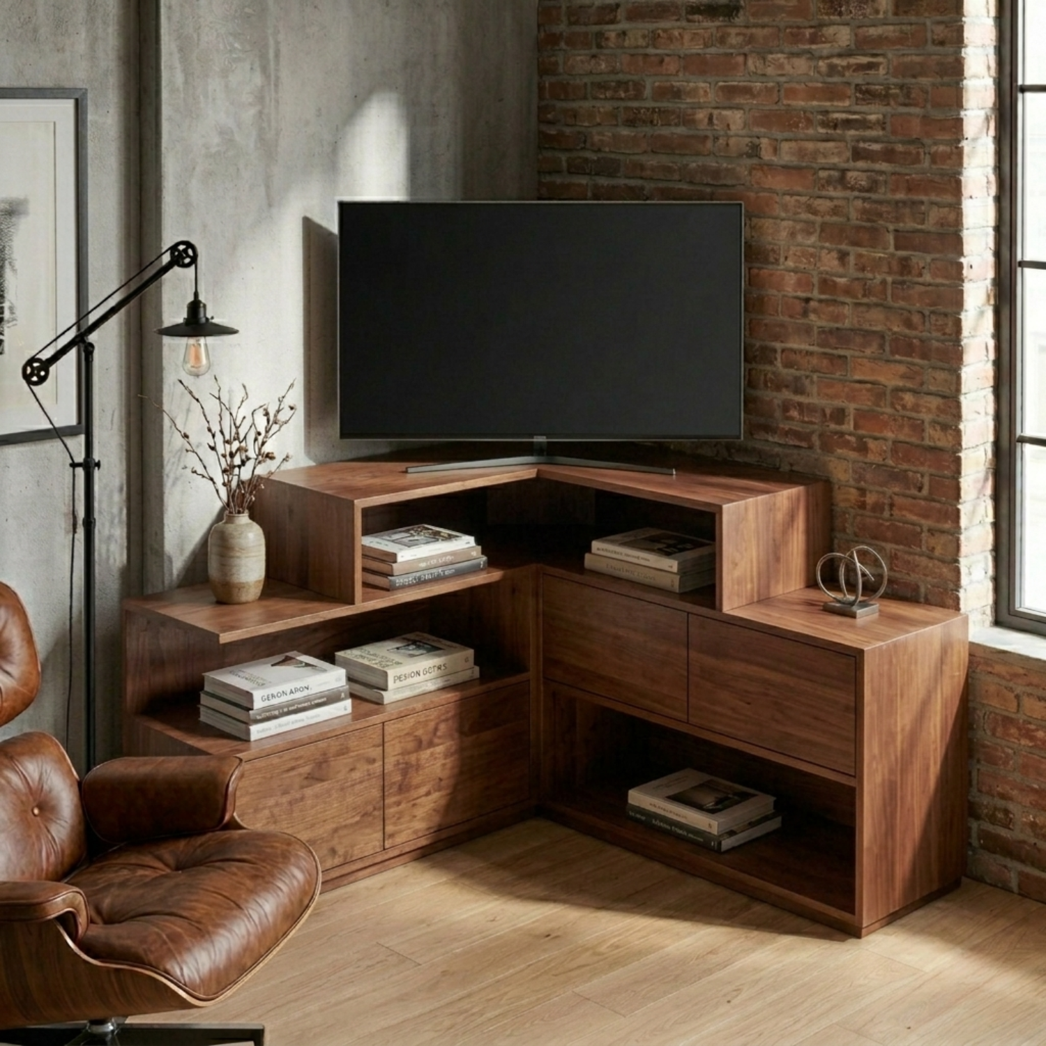 Solid Wood Corner TV Stand with Tiered Shelves and Storage Cabinets