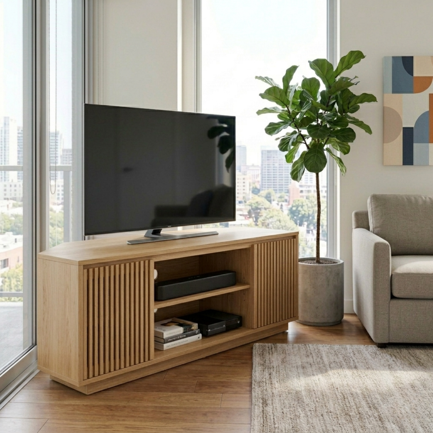 Solid Wood Corner TV Stand with Slatted Doors and Open Media Shelf