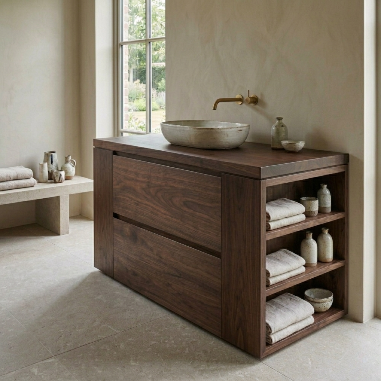 Solid Wood Bathroom Vanity with Double Drawers and Side Open Storage Shelves