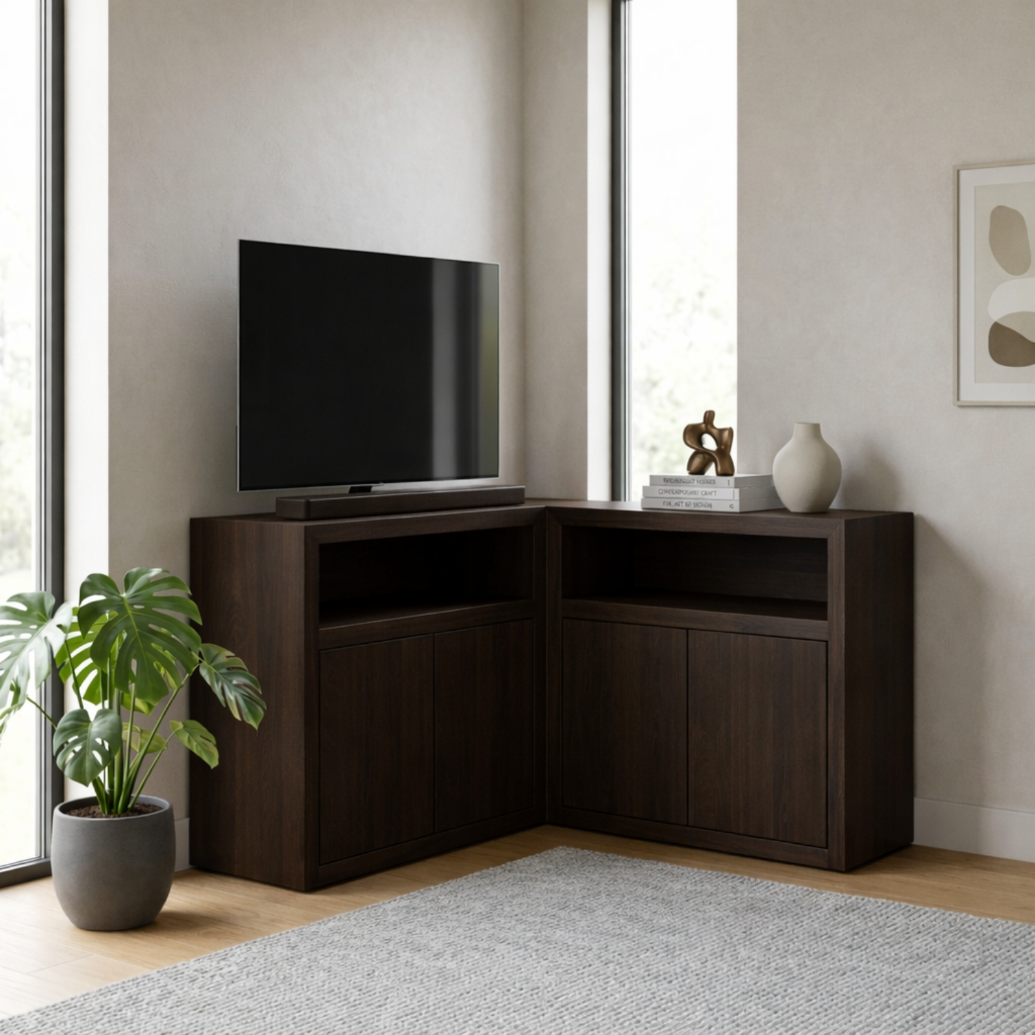 Solid Wood Corner TV Stand with Cabinet Storage and Open Media Shelf