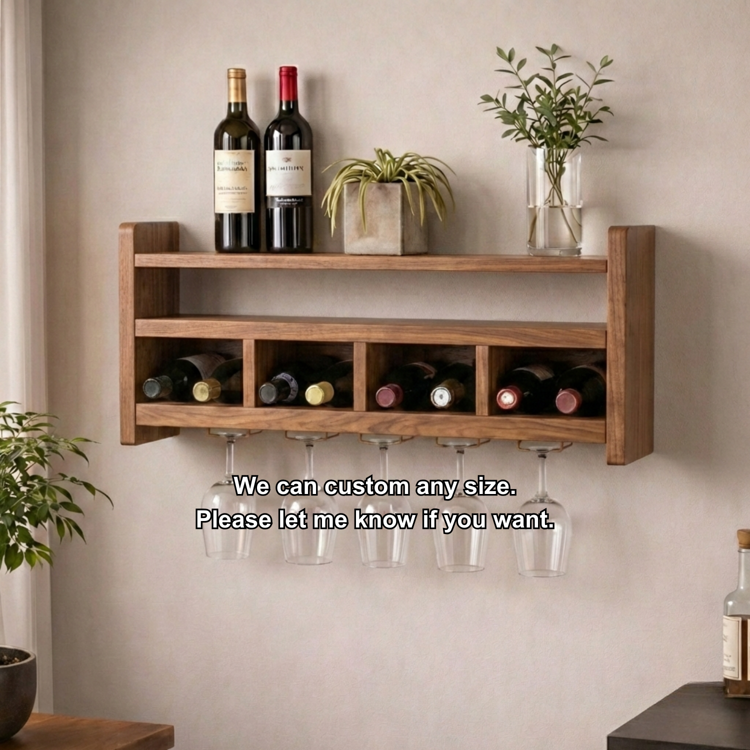 Handcrafted Wooden Wall Wine Rack with Glass Holder – Modern Home Bar Shelf