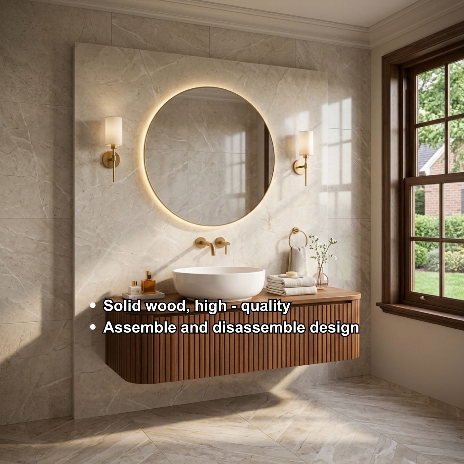 Floating Bathroom Vanity with Fluted Wood Panels and Rounded Edge Design