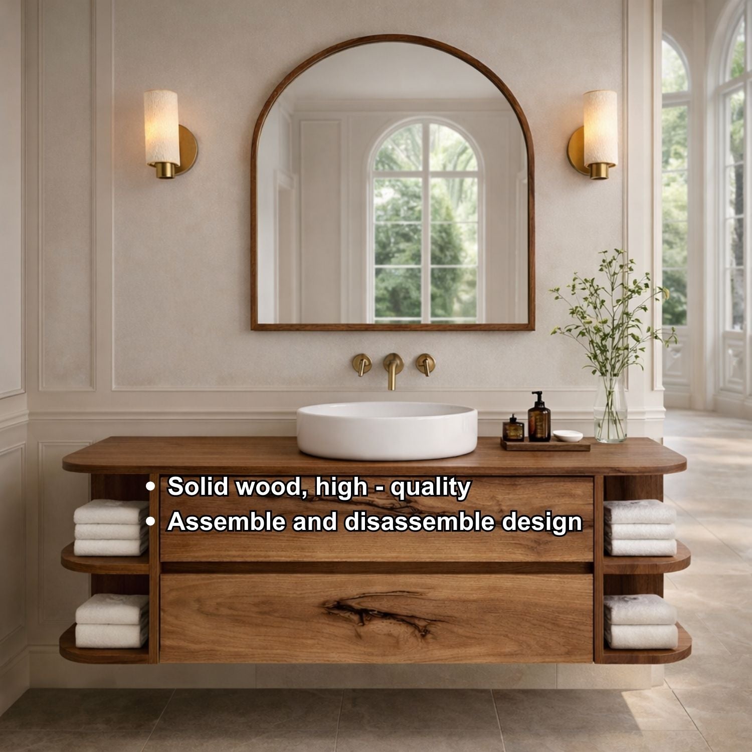 Floating Bathroom Vanity with Curved Open Shelves – Handcrafted Solid Wood Design