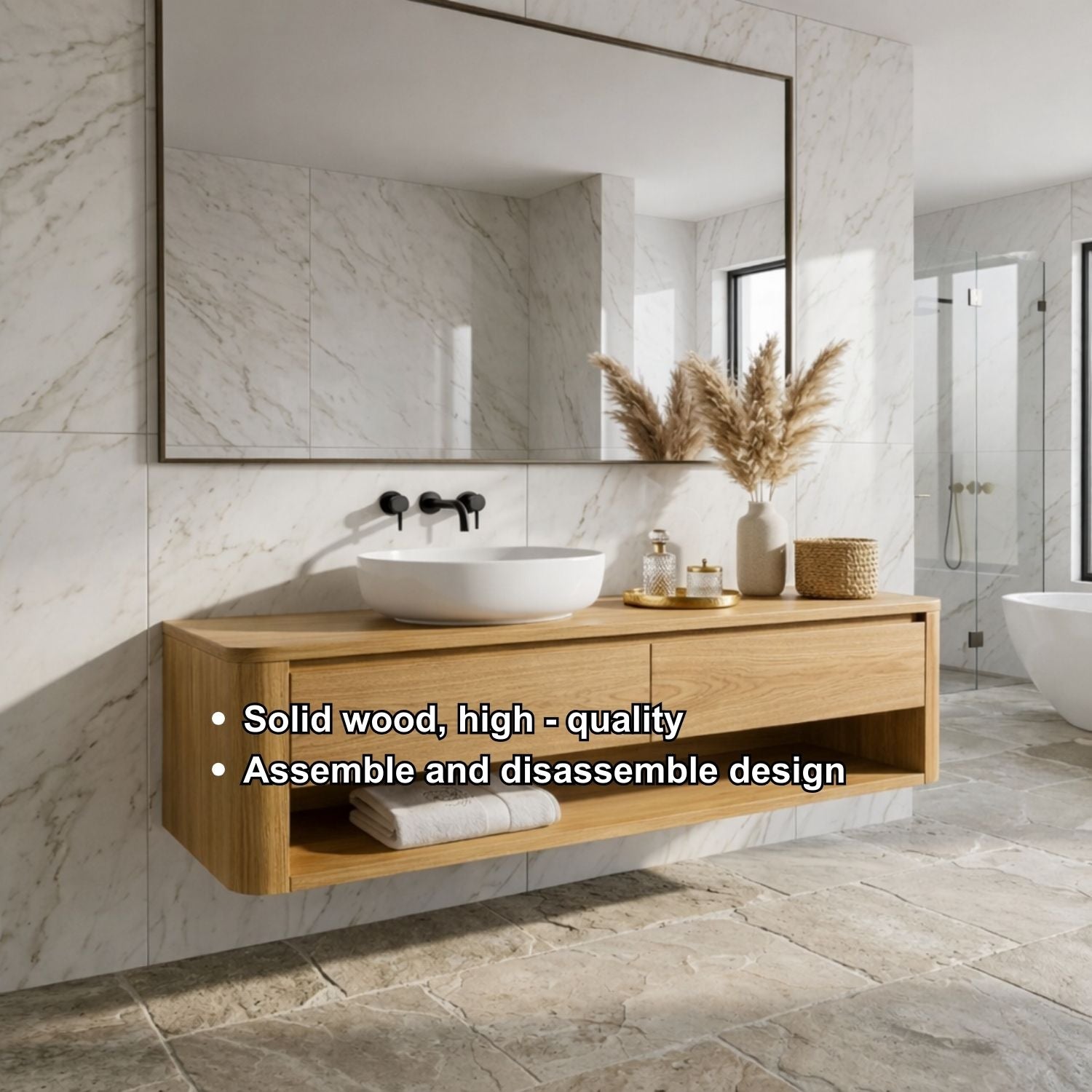Floating Bathroom Vanity with Two Drawers and Open Shelf Storage Design