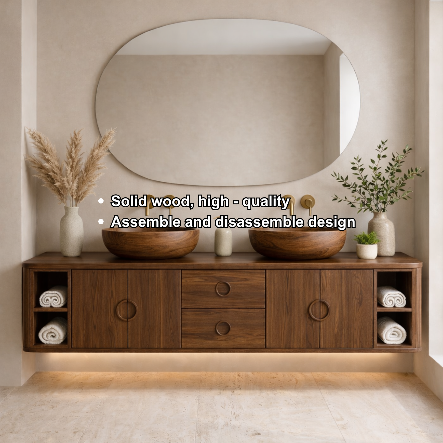 Floating Bathroom Vanity with Circle Handle Cabinets Center Drawers and Open Shelf Storage