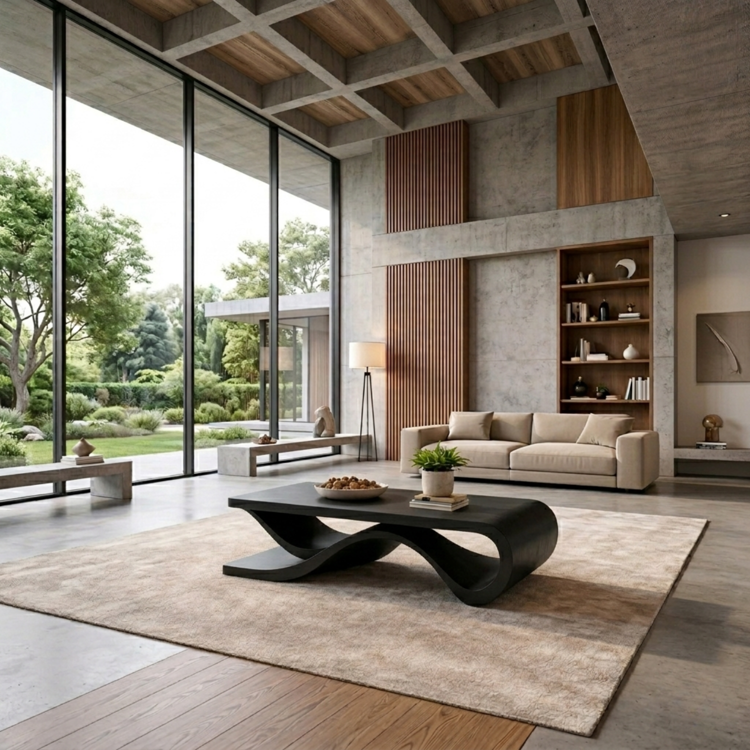 Solid Wood Coffee Table with Wave Sculptural Base – Modern Designer Living Room Table