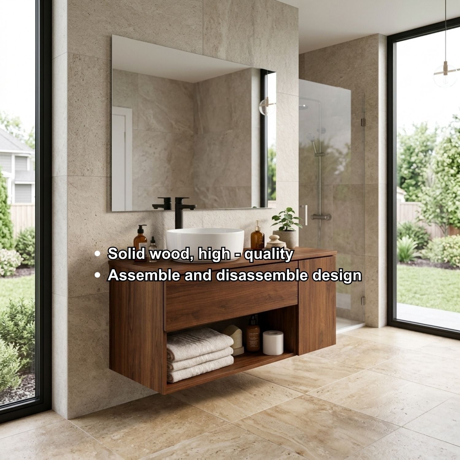 Floating Bathroom Vanity with Drawer and Open Shelf Storage Solid Wood Cabinet