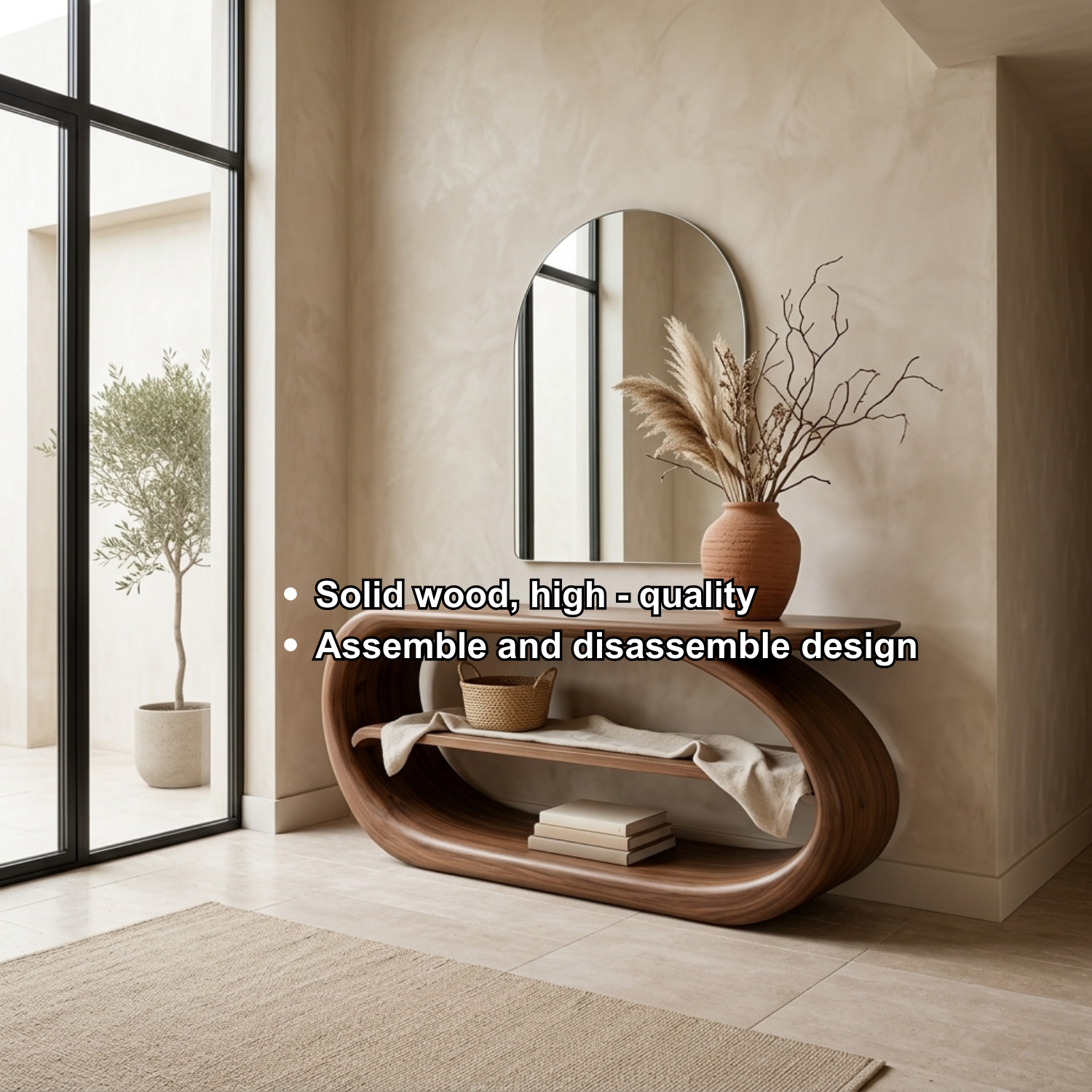 Sculptural Solid Wood Console Table with Curved Base and Shelf – Modern Entryway Table