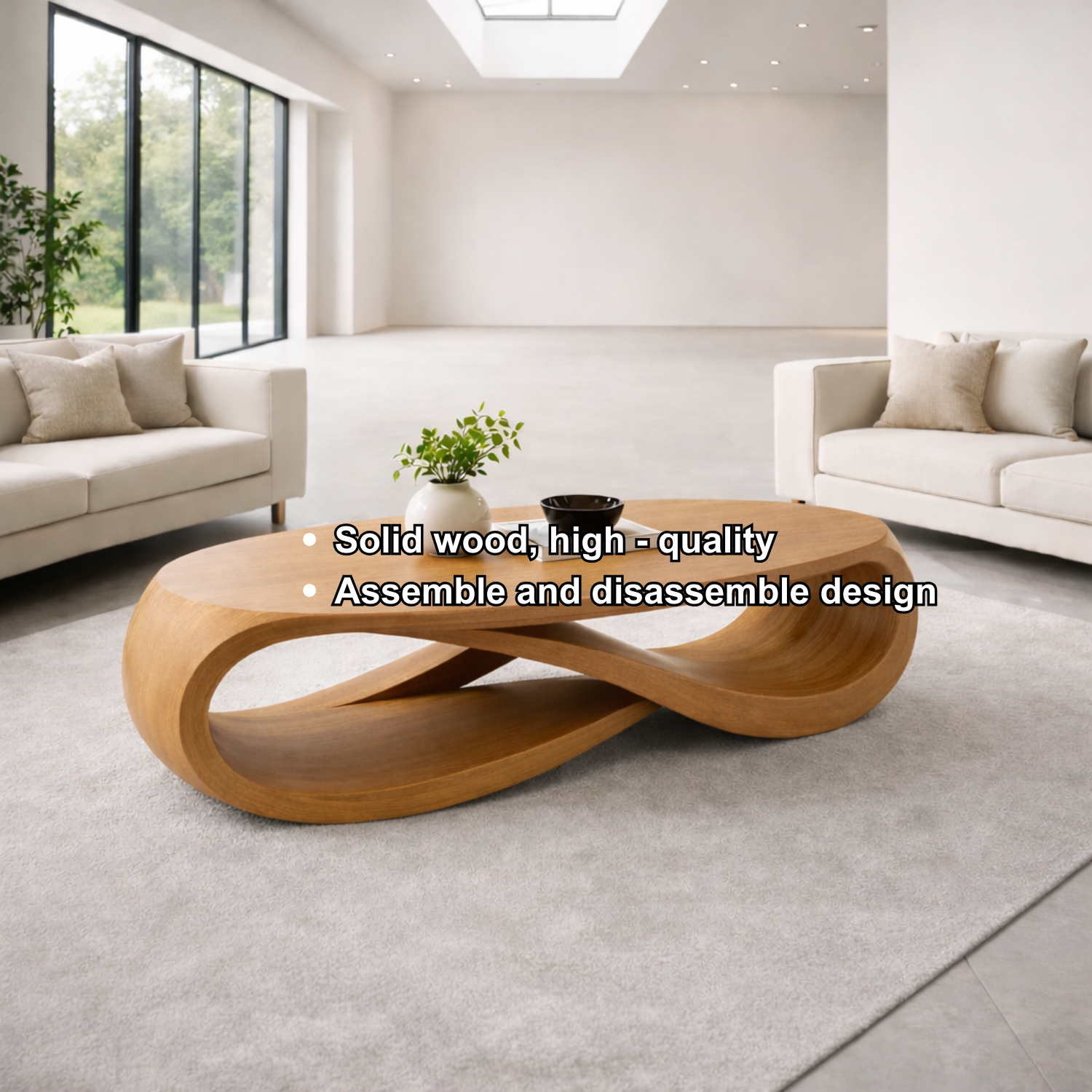 Solid Wood Oval Coffee Table with Sculptural Base – Modern Designer Living Room Table