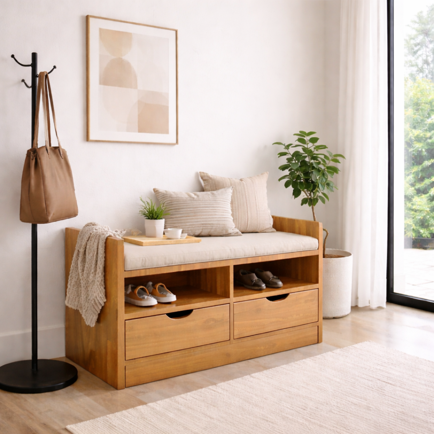 Solid Wood Storage Bench with Drawers & Open Shelf Entryway Shoe Organizer