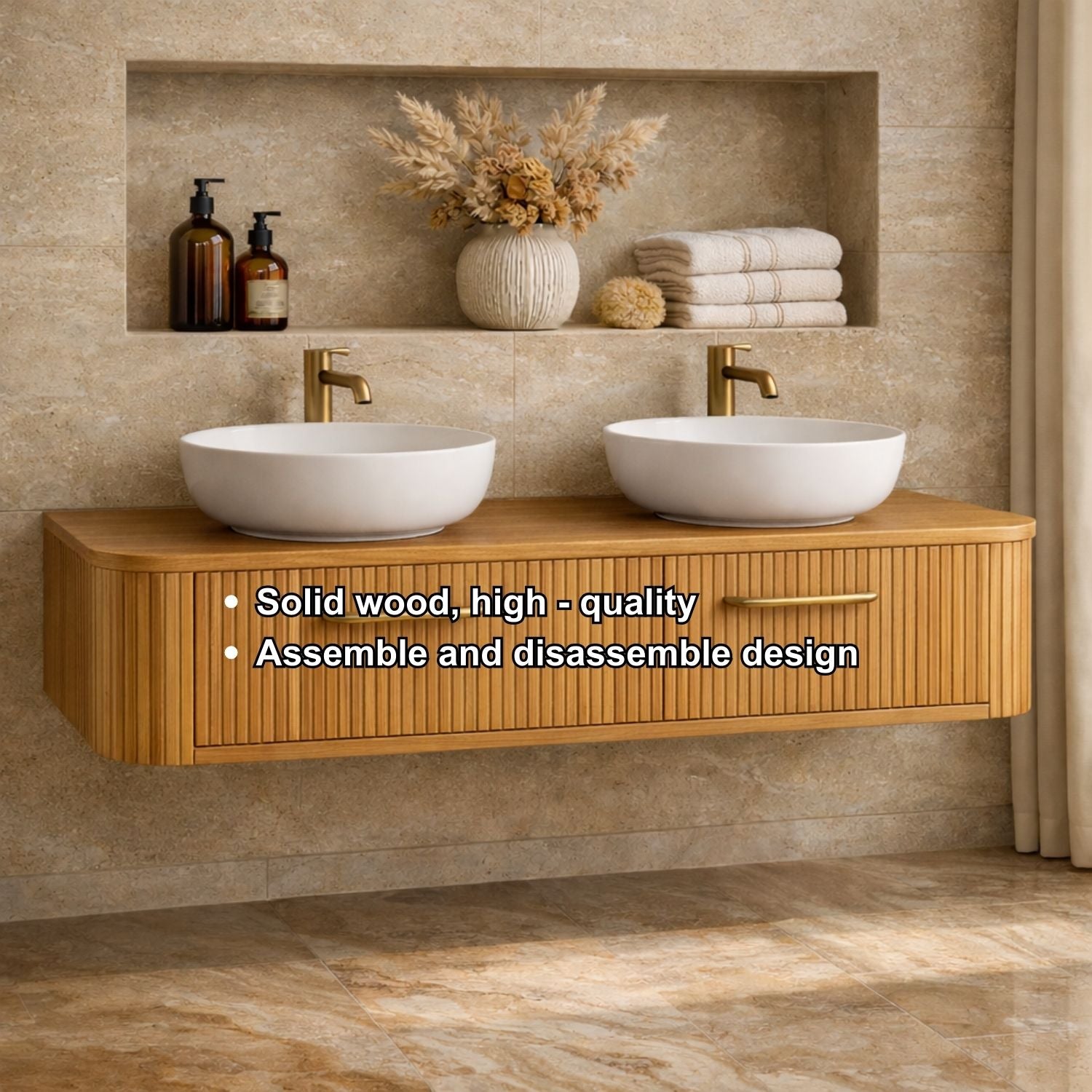 Modern Floating Bathroom Vanity with Storage – Handcrafted Wooden Design with Fluted Drawers