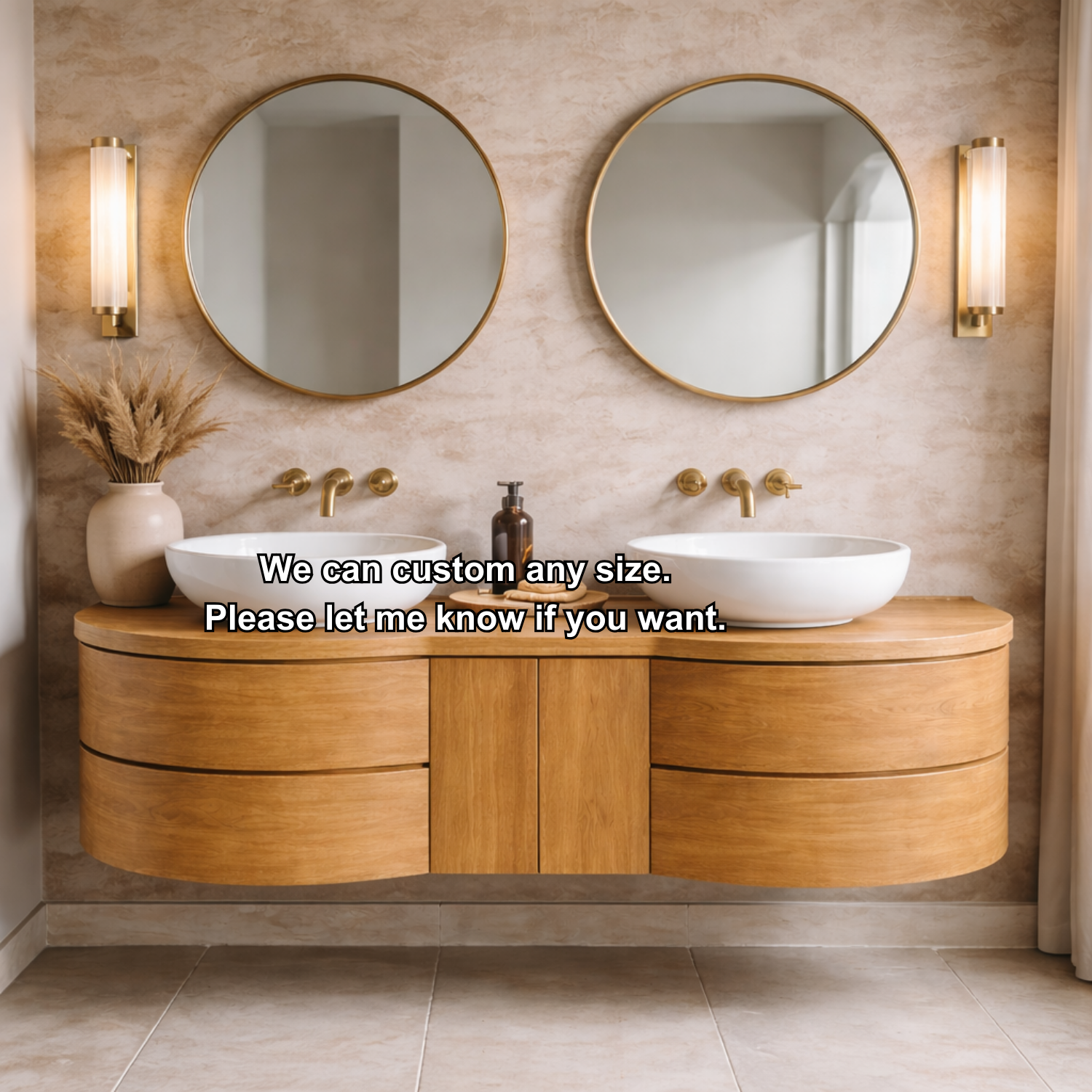 Floating Bathroom Vanity with Curved Ends Double Drawers and Center Cabinet Storage