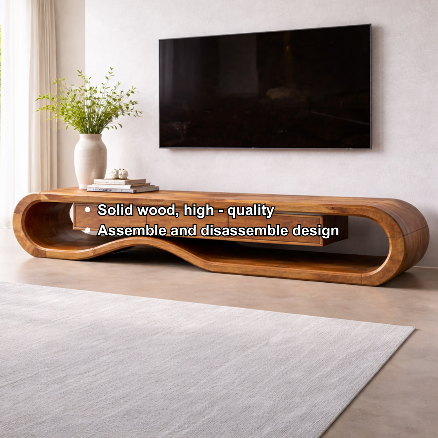 Solid Wood TV Stand with Curved Design and Ample Storage