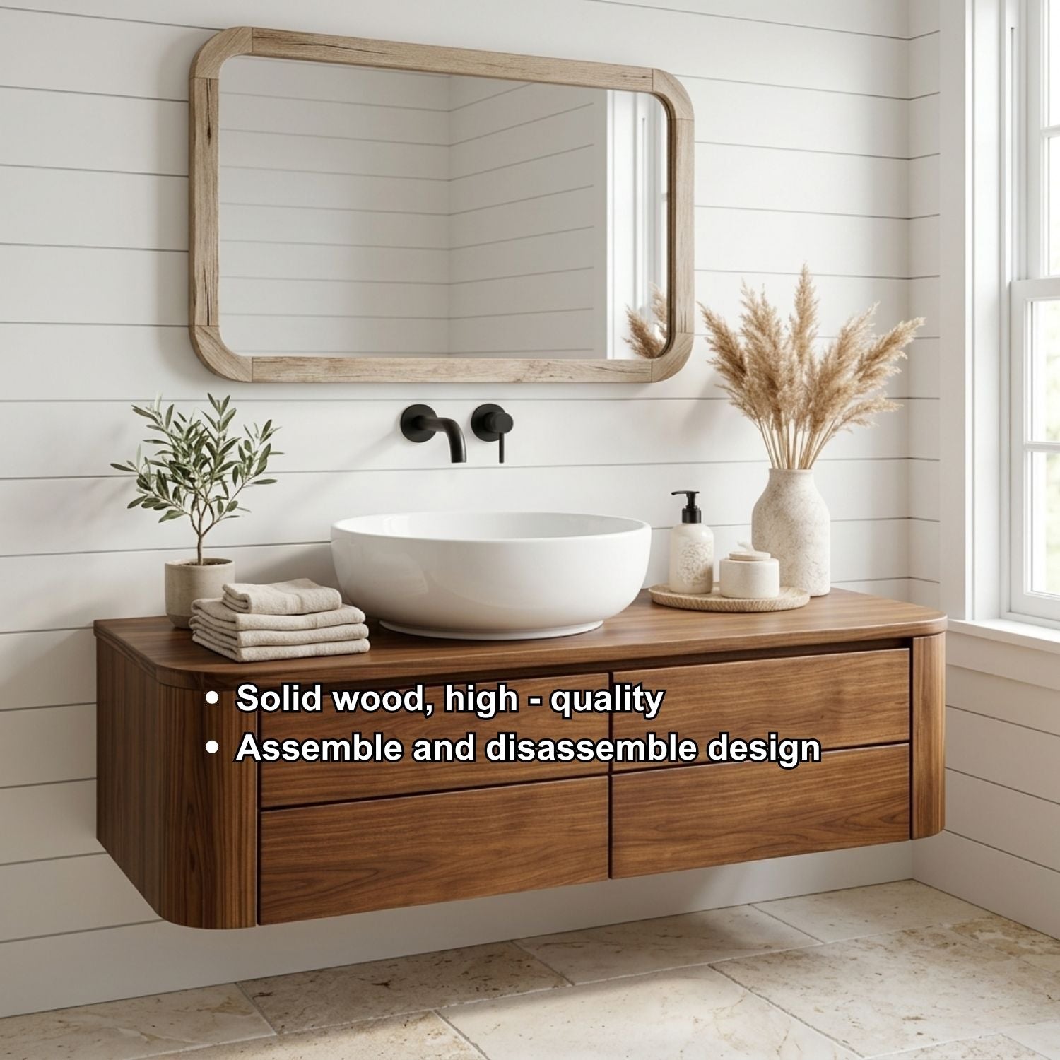 Floating Bathroom Vanity with Rounded Edges and Four Drawer Storage Cabinet