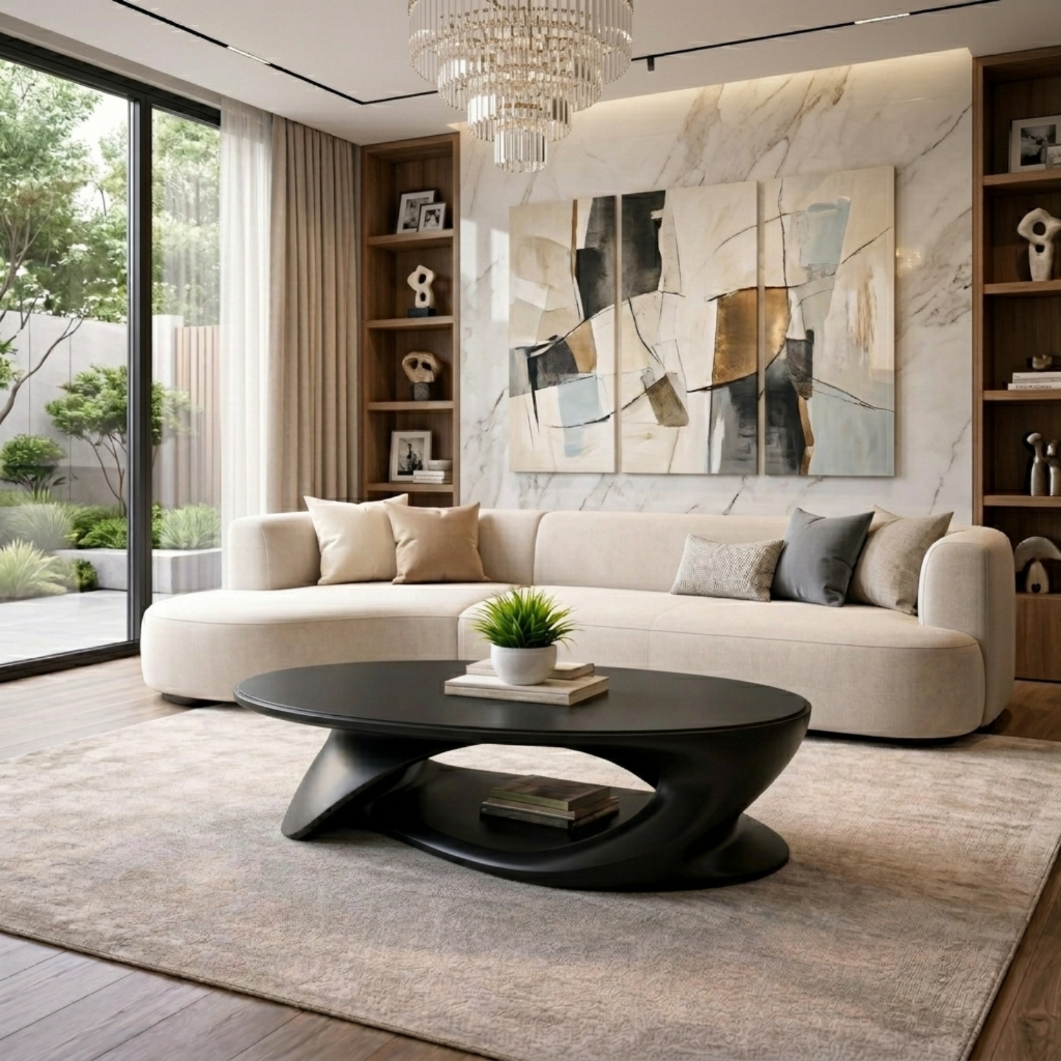 Solid Wood Oval Coffee Table with Sculptural Base – Modern Living Room Center Table
