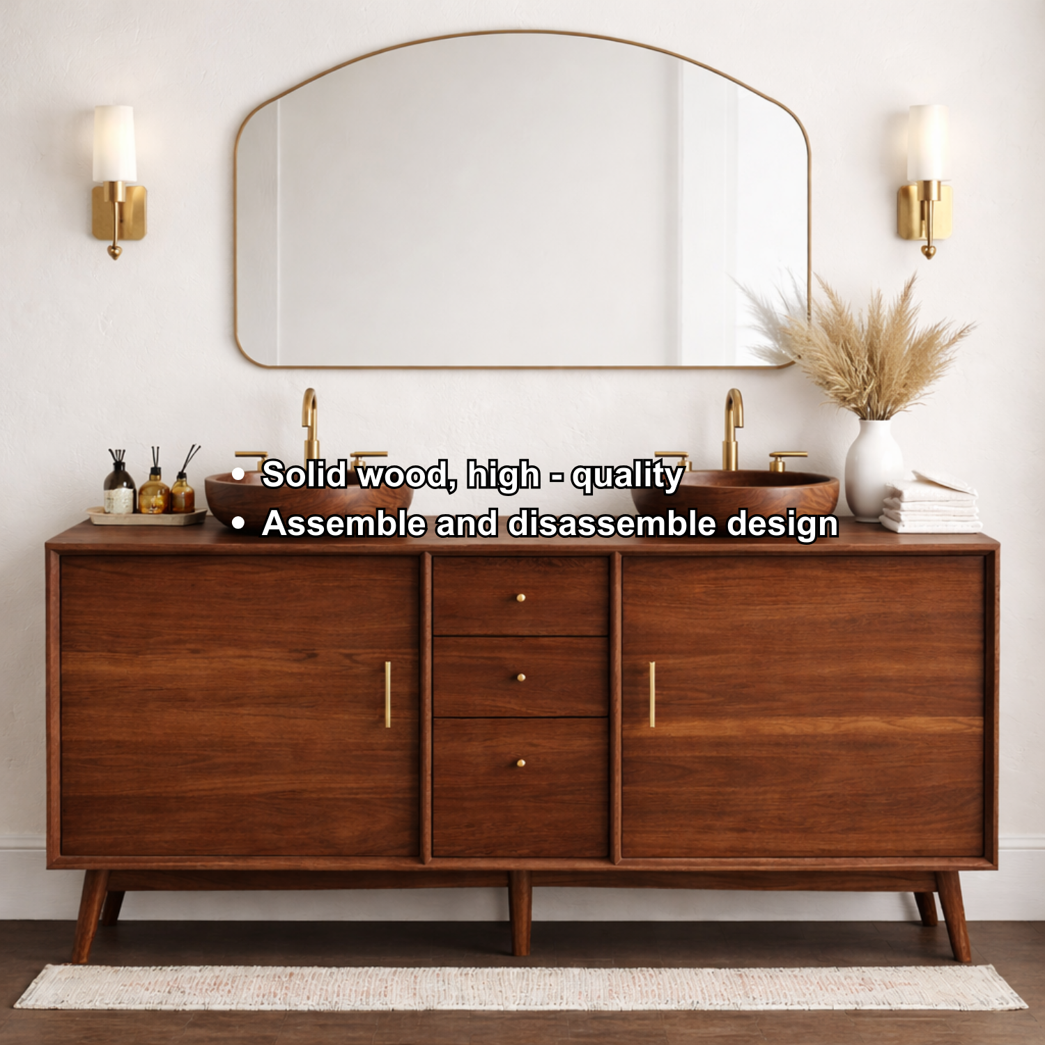 Solid Wood Bathroom Vanity with Mid Century Legs, Center Drawers and Double Cabinet Doors