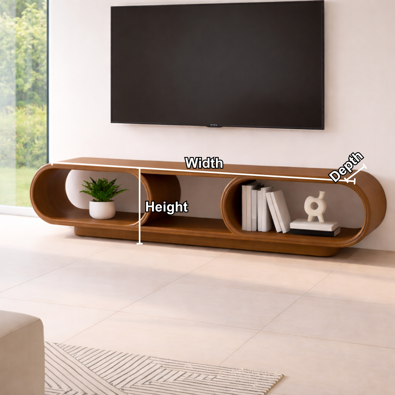 Contemporary Solid Wood TV Stand with Oval Open Storage and Stylish Design