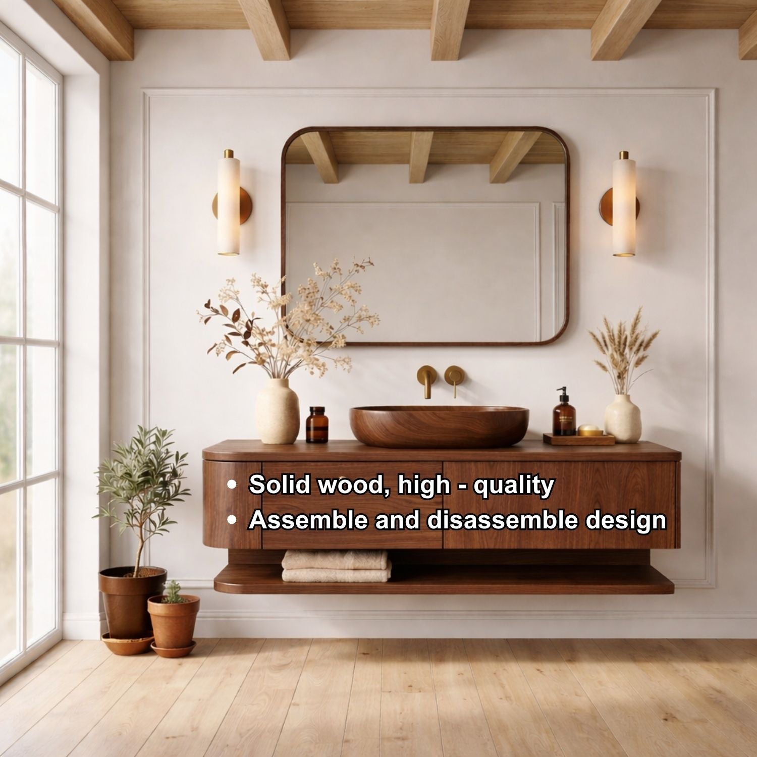 Floating Bathroom Vanity with Open Shelf and Spacious Drawers – Handcrafted Solid Wood Design