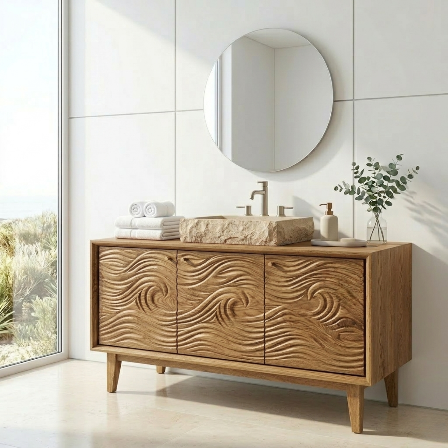Handcrafted Wave Carved Solid Wood Bathroom Vanity - Modern Organic Credenza Cabinet