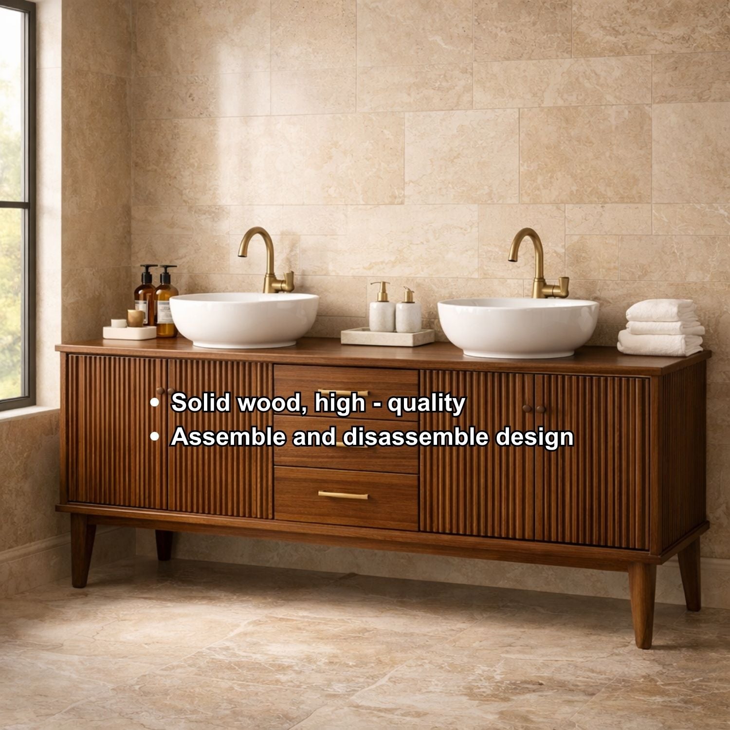 Handcrafted Fluted Freestanding Double Vanity - Solid Wood Mid-Century Modern Cabinet