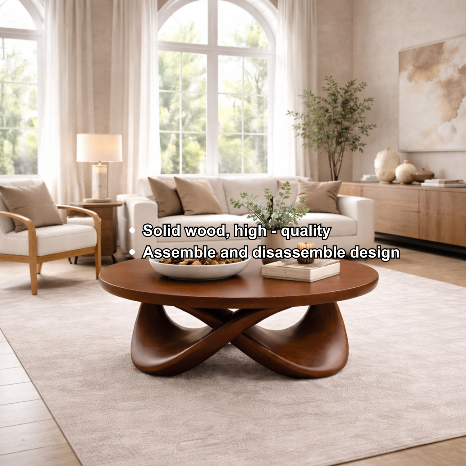 Round Solid Wood Coffee Table with Sculptural Base – Modern Designer Living Room Table