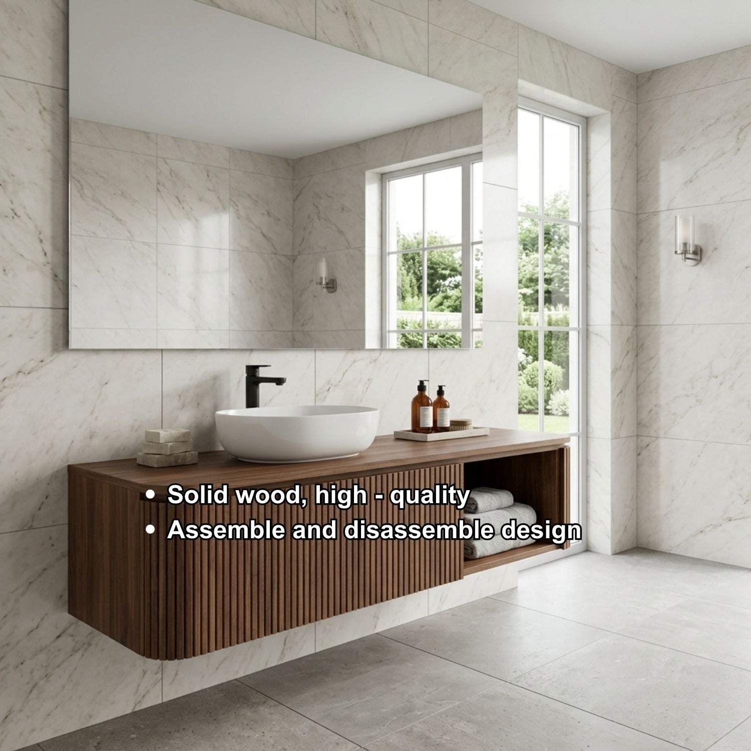 Floating Bathroom Vanity with Fluted Wood Front and Open Shelf Storage