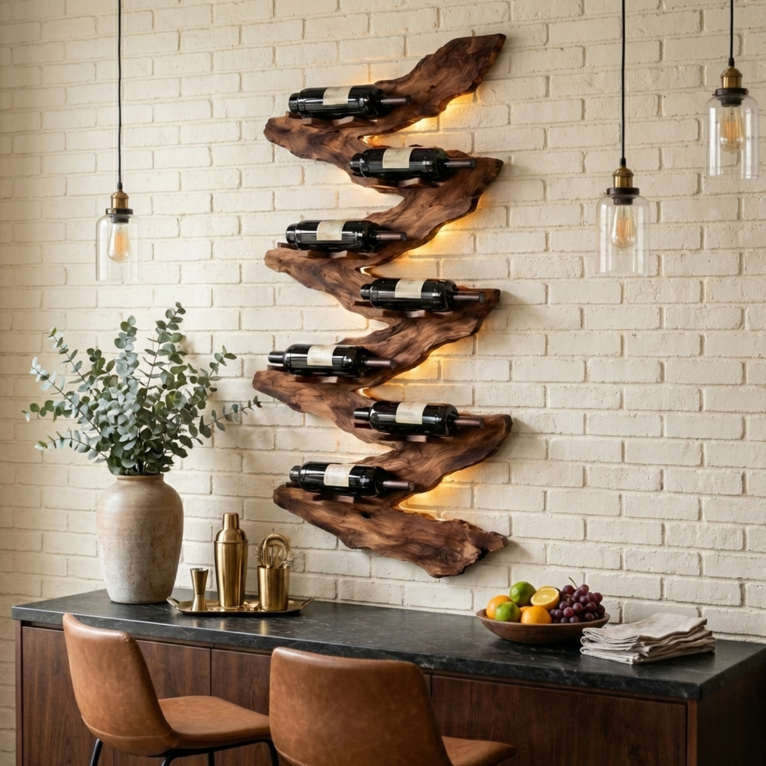 Live Edge Wooden Wine Holder – Sculptural Wall Mounted Wine Rack