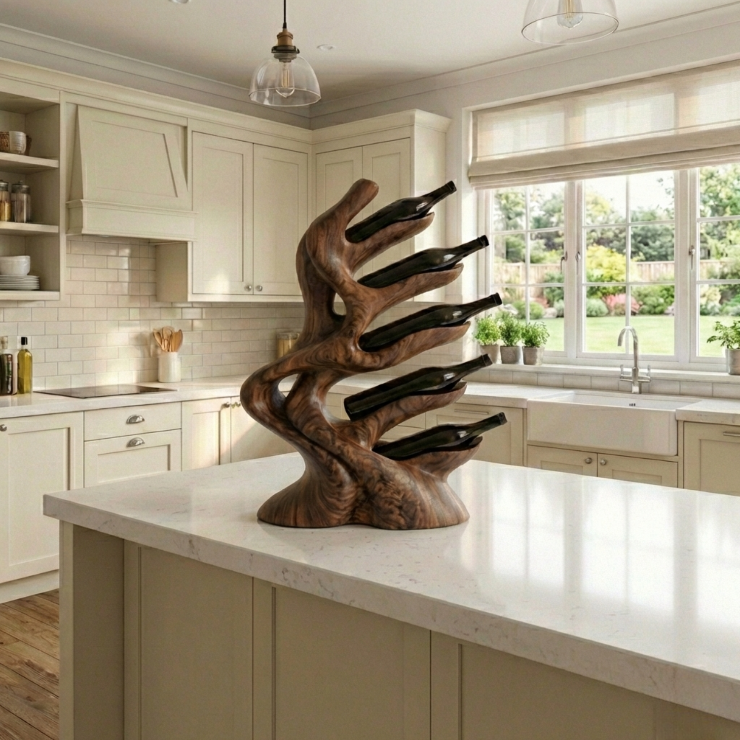 Handcrafted Solid Wood Wine Holder – Modern Sculptural Countertop Wine Rack